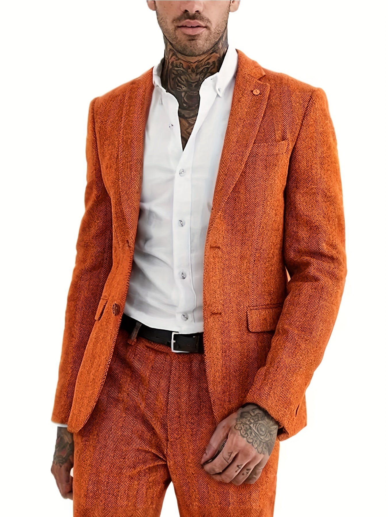 Men's Wool Blend Tweed Suit Herringbone Formal Wedding Event
