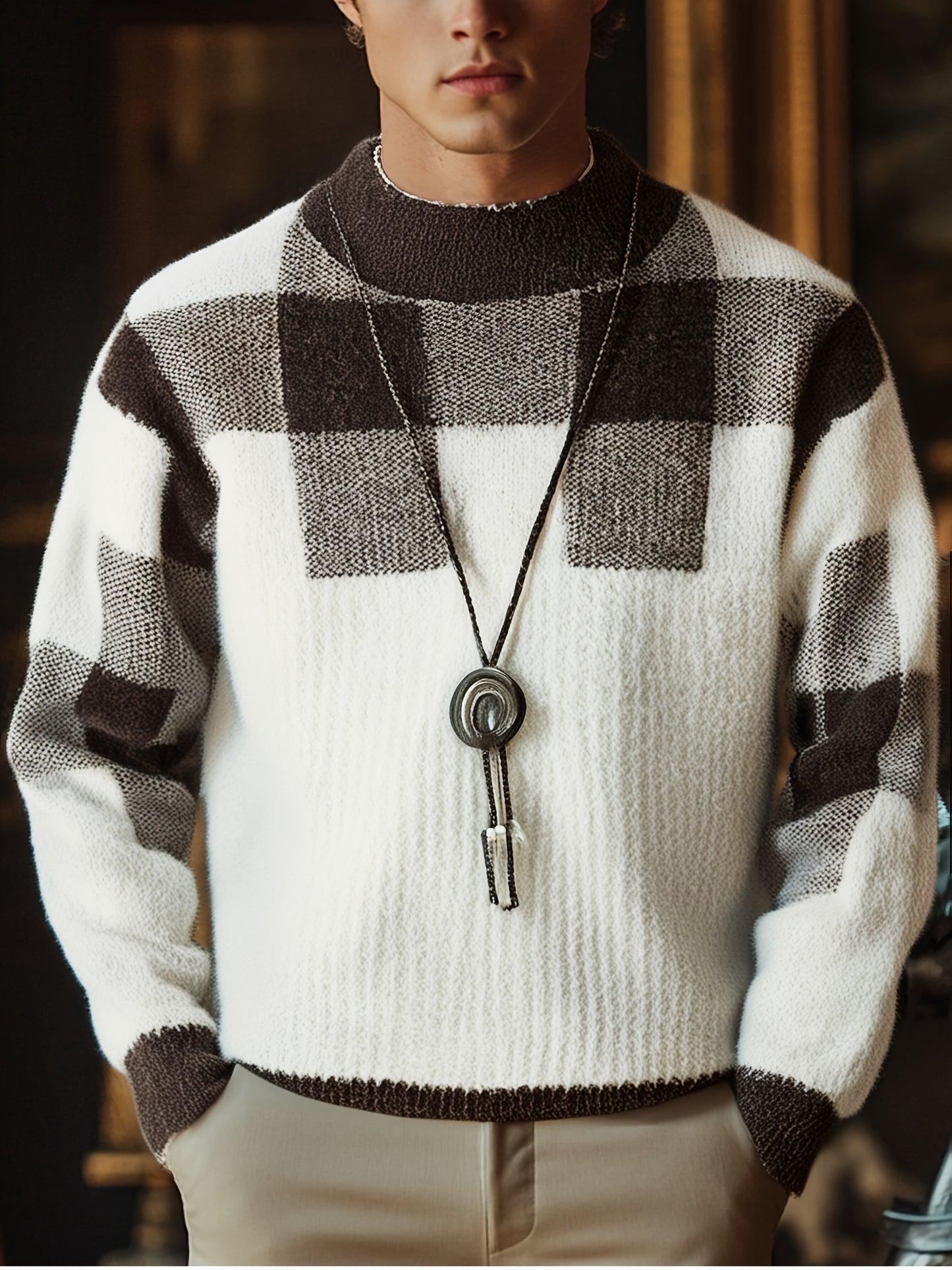 Men's Slim Fit Winter Plaid Sweater Warm Knit Round Neck