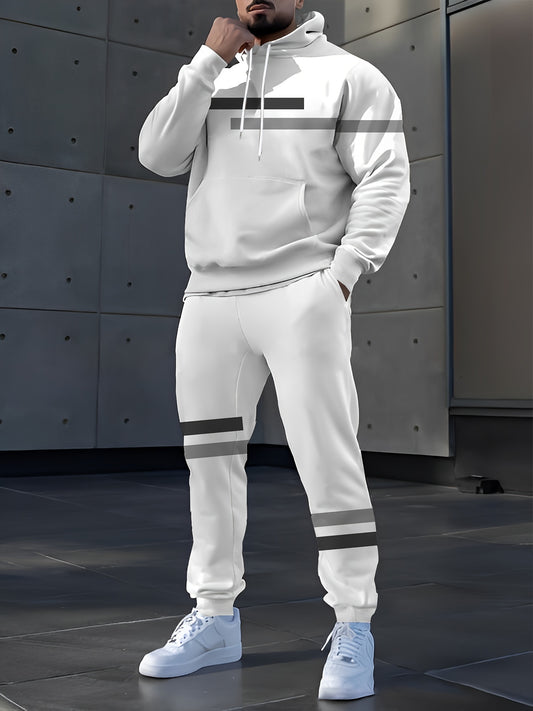 Mens Striped Digital Print Hooded Tracksuit Set For Spring
