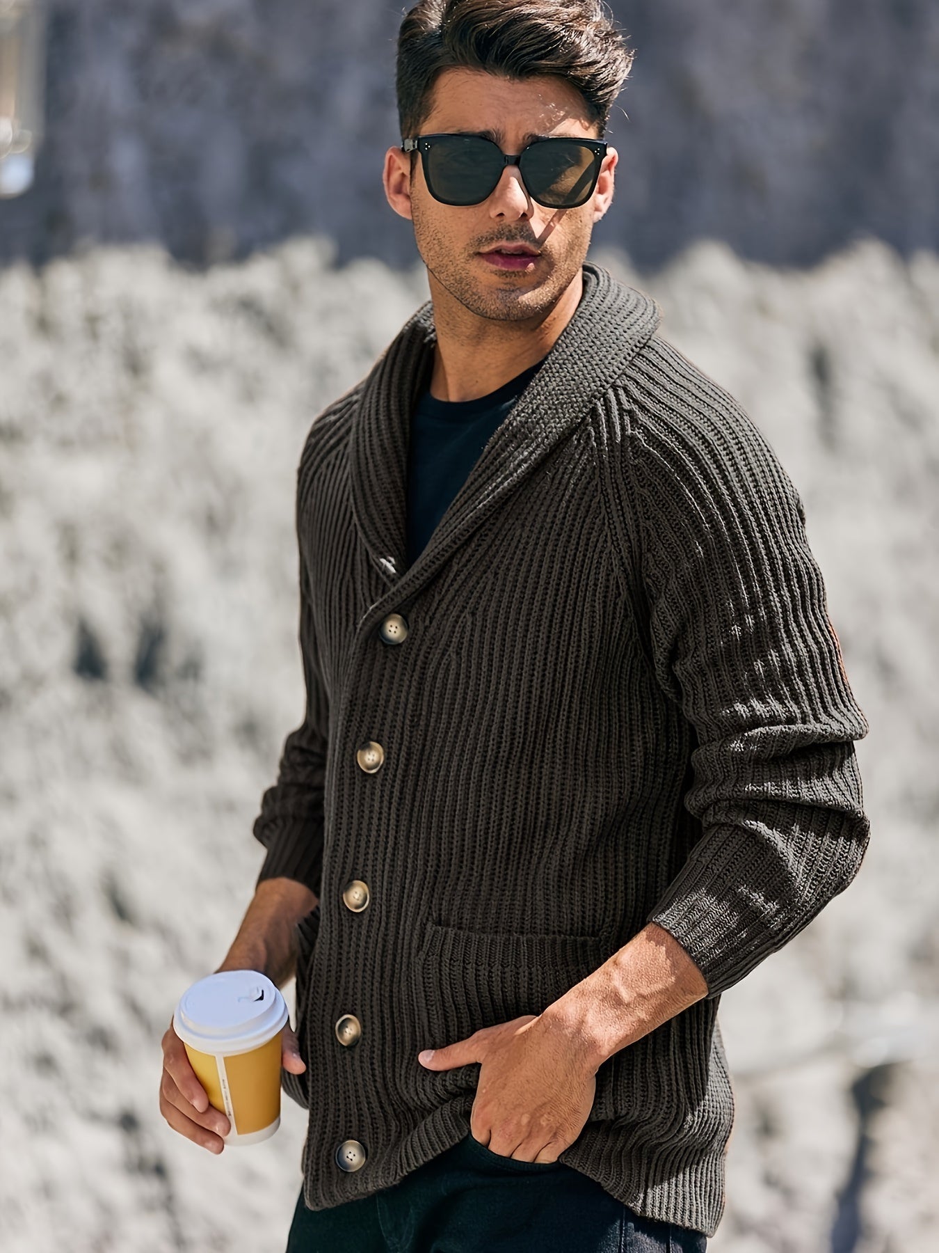 Men's Shawl Collar Cardigan Cable Knit Ribbed Outwear