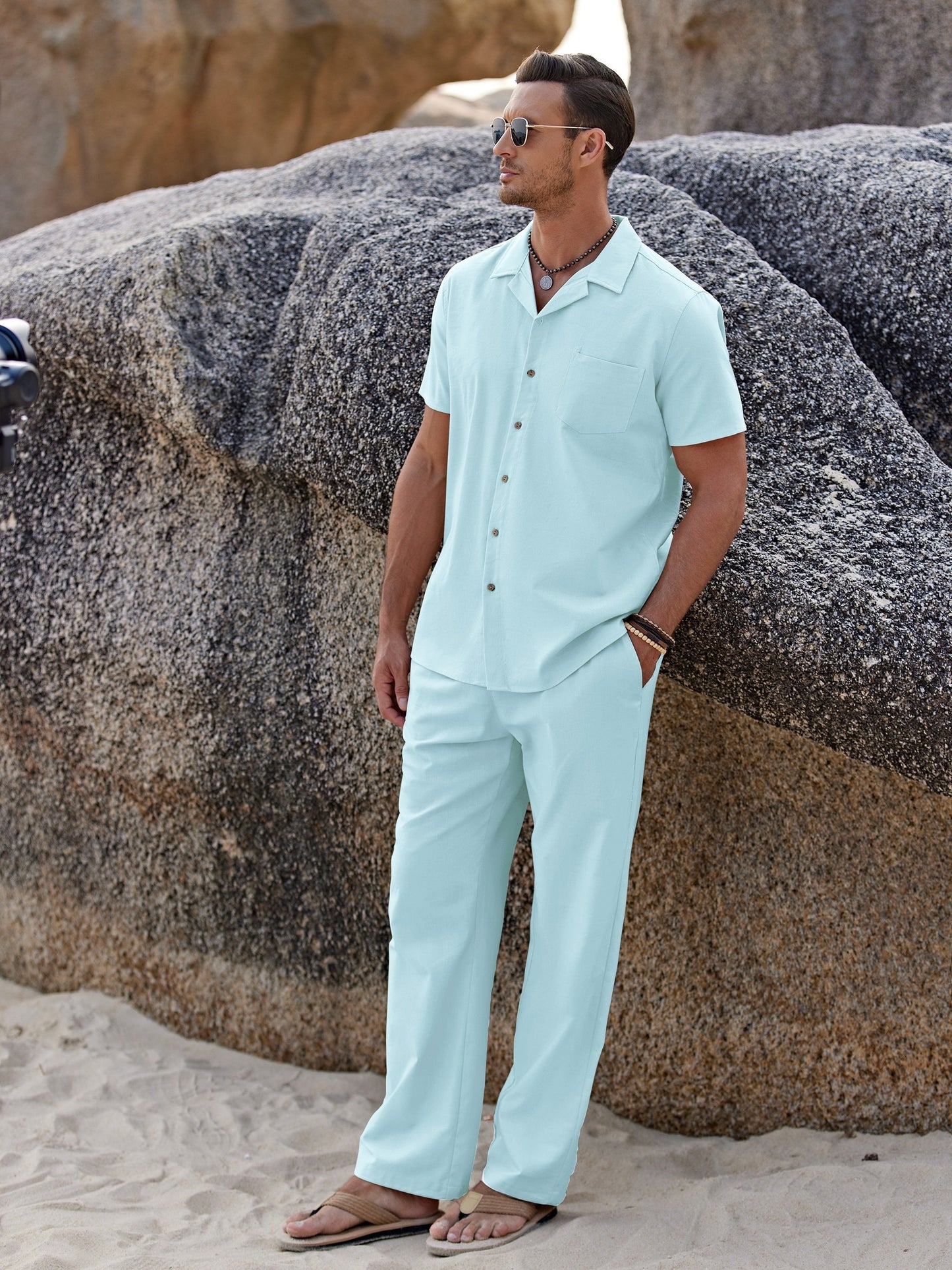 Men Linen Beach Button Shirt And Linen Pants Set Casual 2pc