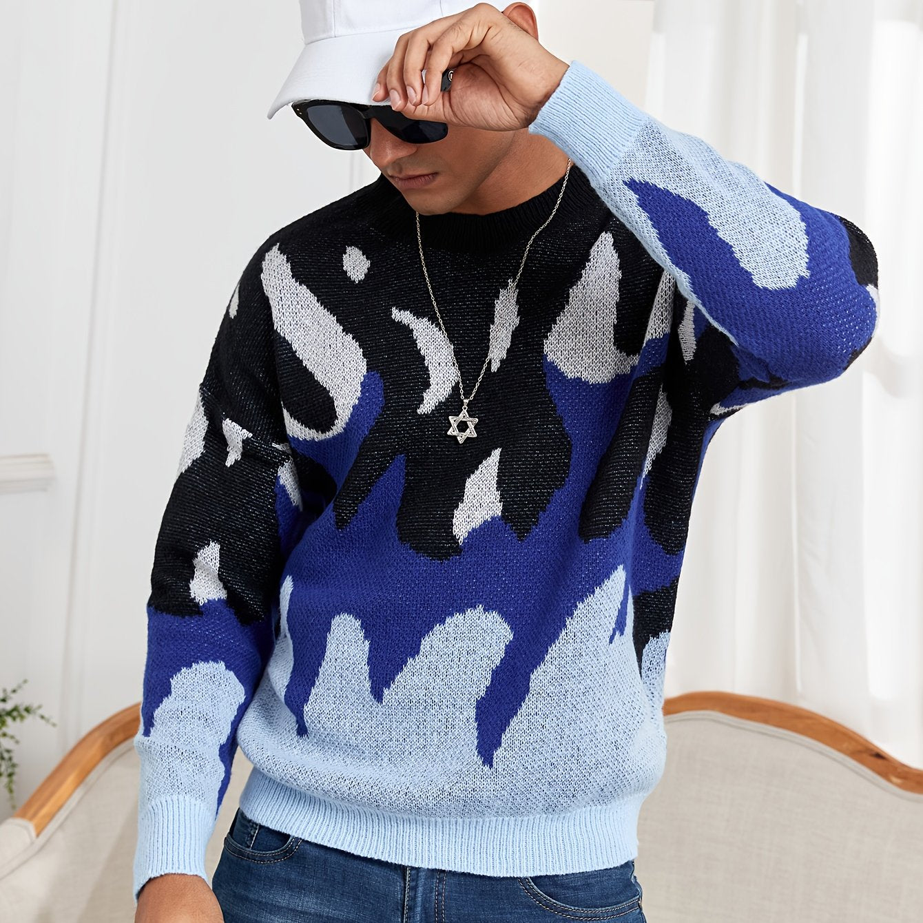 Oversized Crewneck Sweater Flame Graphic Knit For Men Women