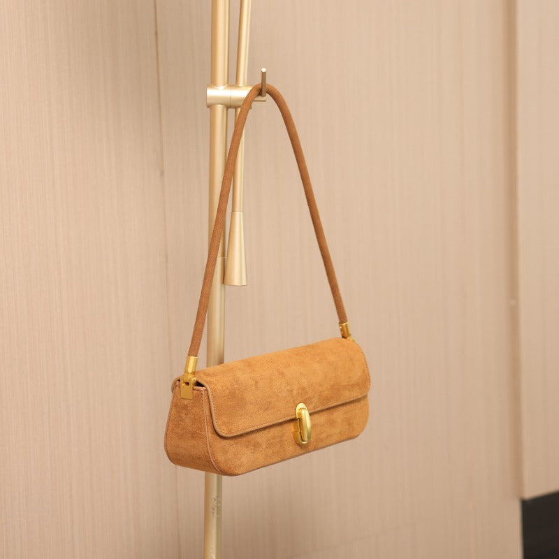 Suede Shoulder Bag Women Chic Baguette Design Lock Closure
