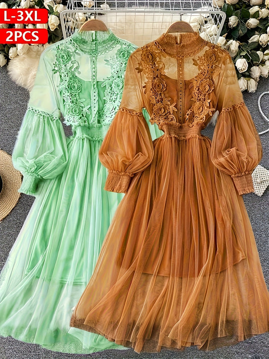 Women Fashion 3D Floral Patchwork Sheer Mesh Chiffon Dress