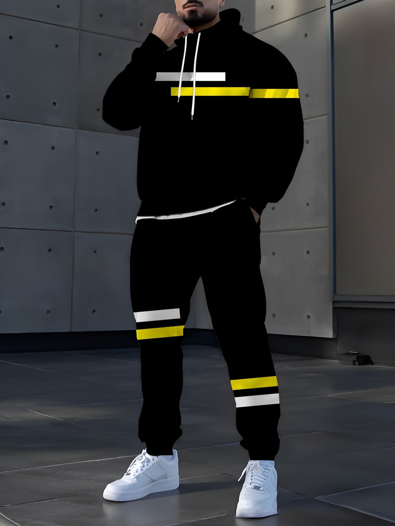 Mens Striped Digital Print Hooded Tracksuit Set For Spring