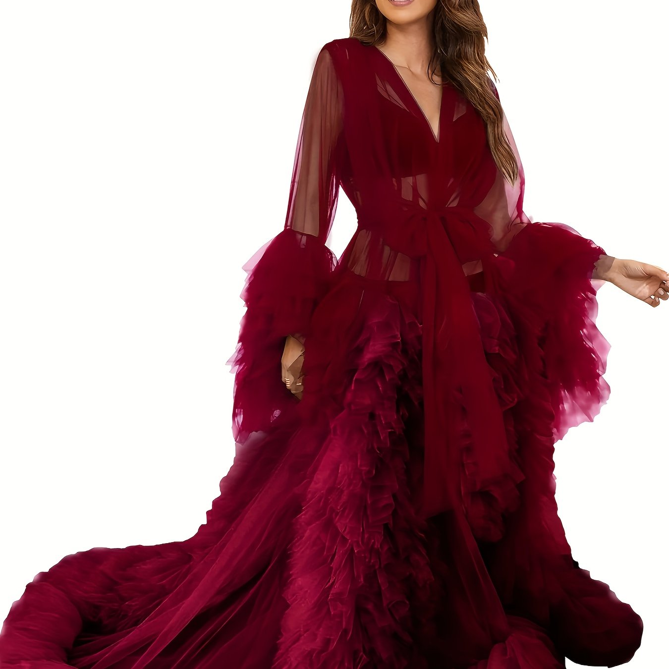 Elegant Puffy Gauze Gown Women Maternity Kimono Dress Sheer