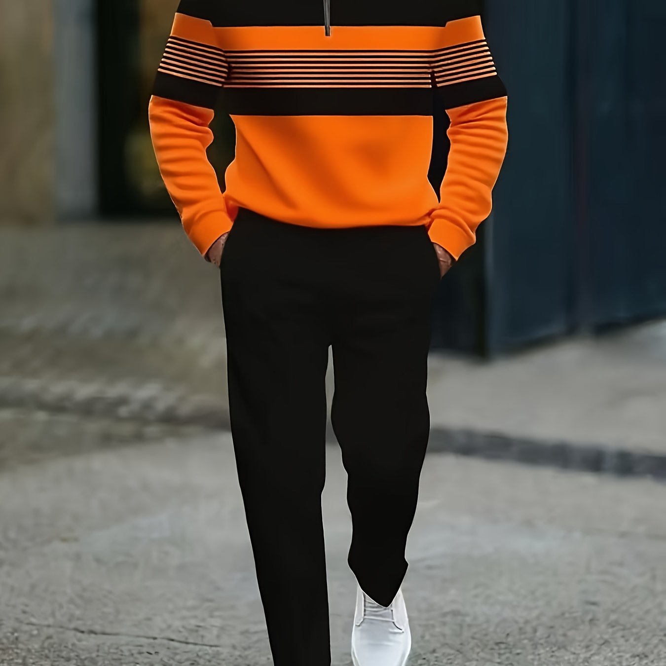 Mens Casual Striped Two Piece Set With Zip Front Jacket