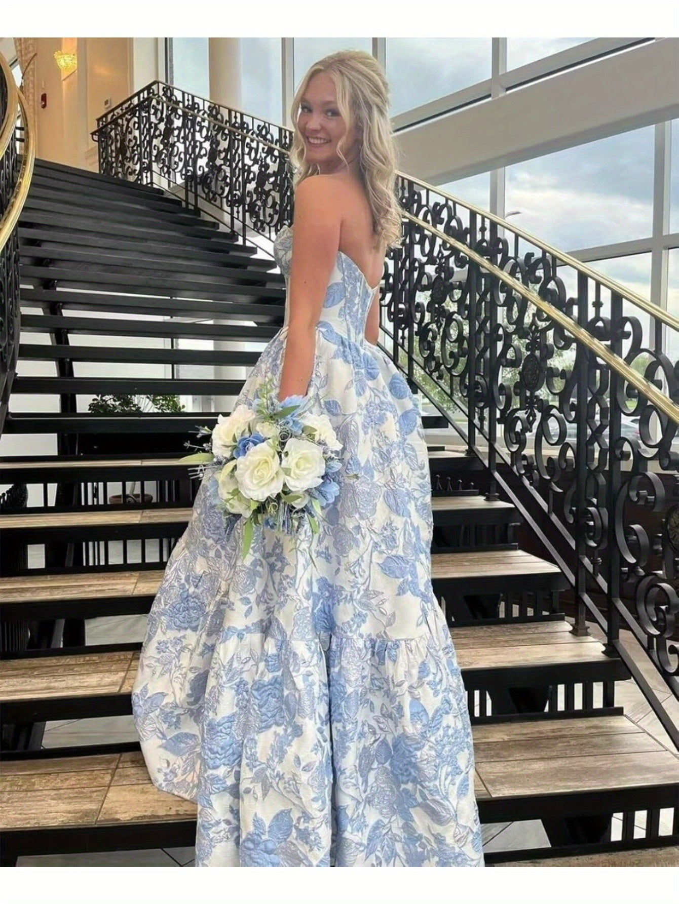 Floral Jacquard Satin Prom Dress Strapless Corset Back