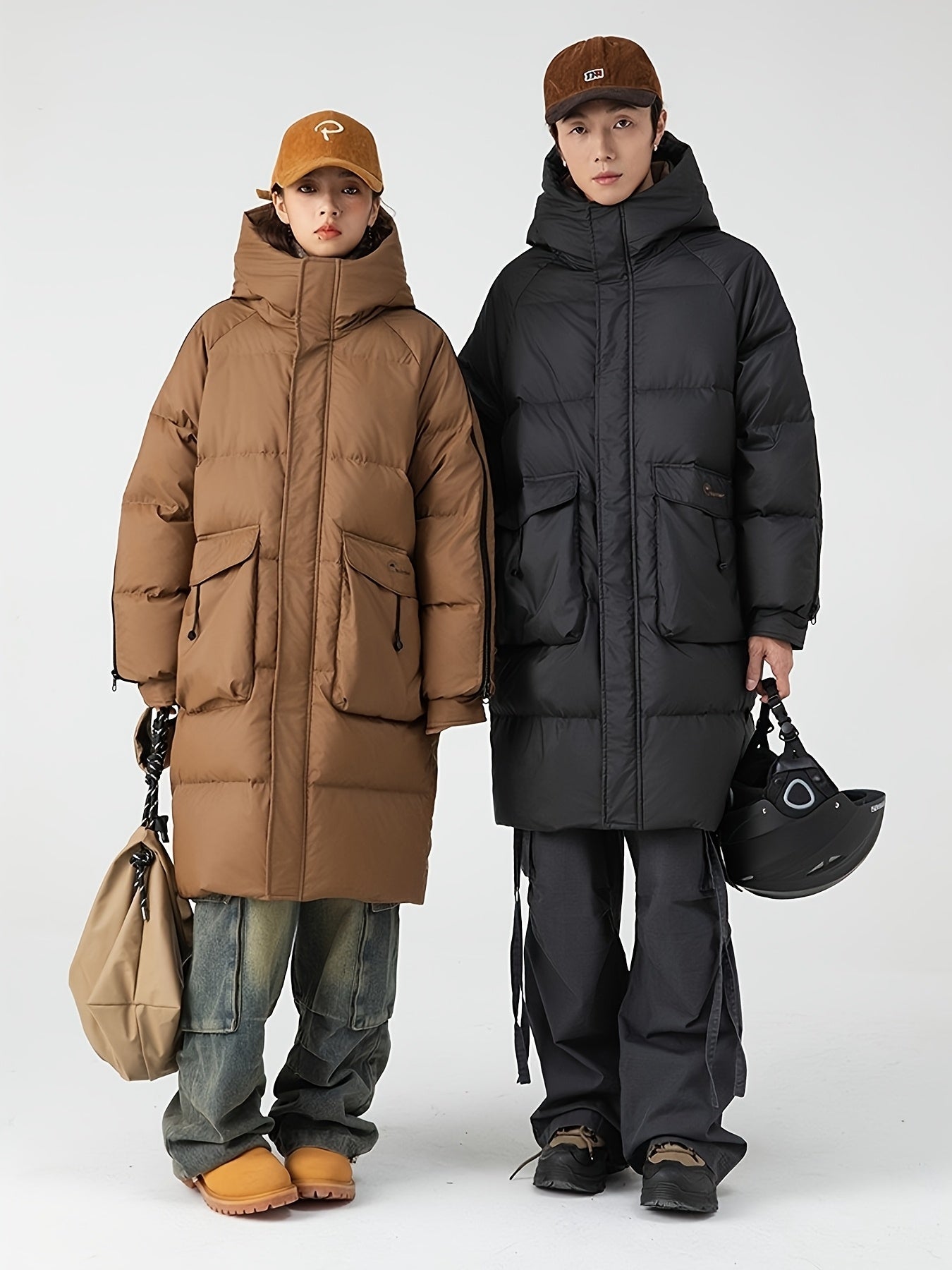 Mens Long Hooded Winter Coat Parka With Zippered Stripes