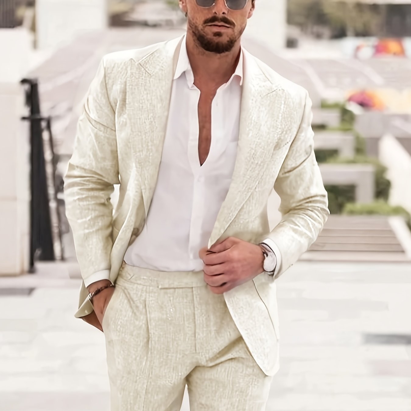 Naples Cotton Linen Men Suit Two Piece Slim Fit Tuxedo Set