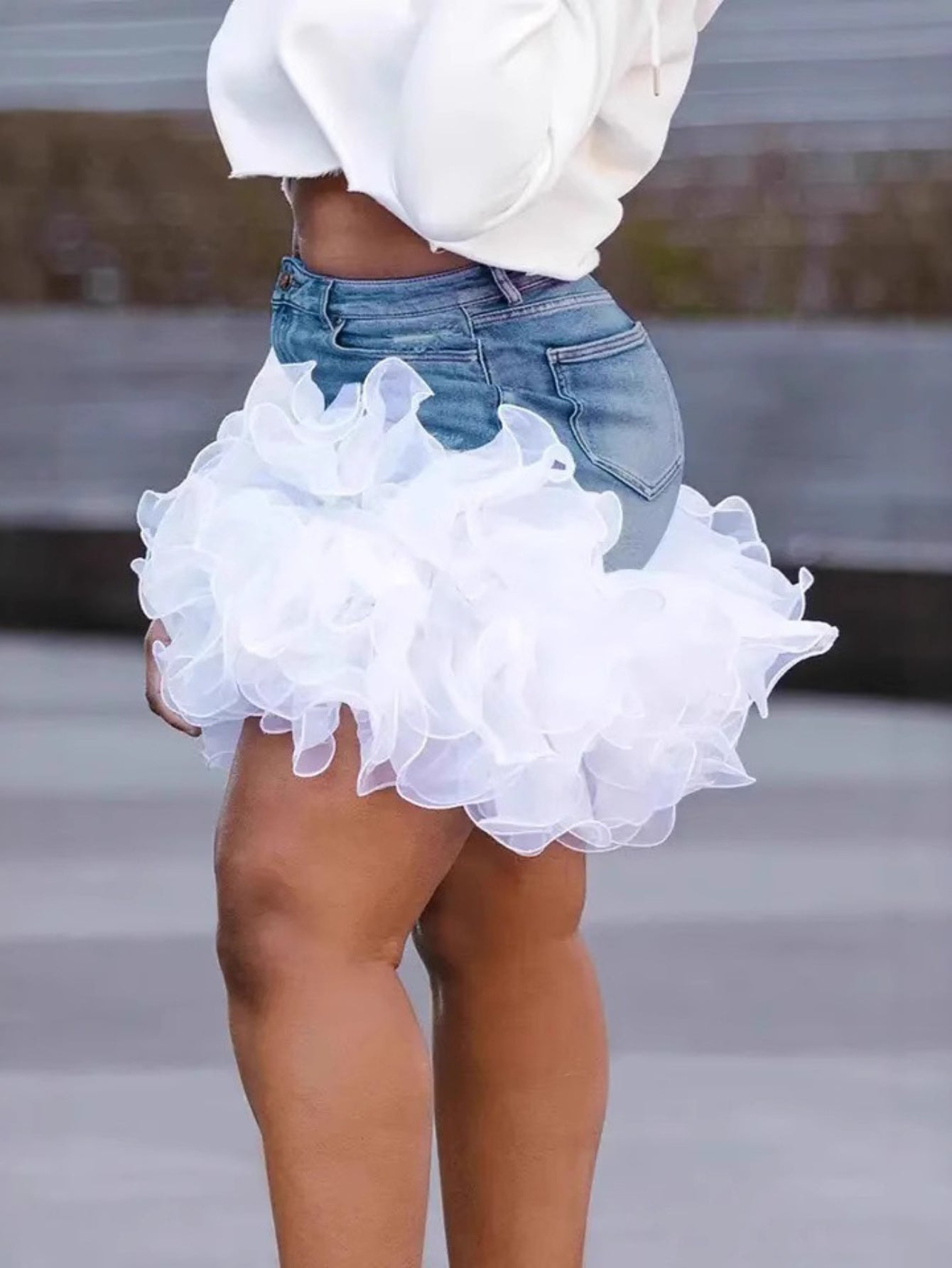 Denim And Tulle Wrap Skirt For Women Machine Washable