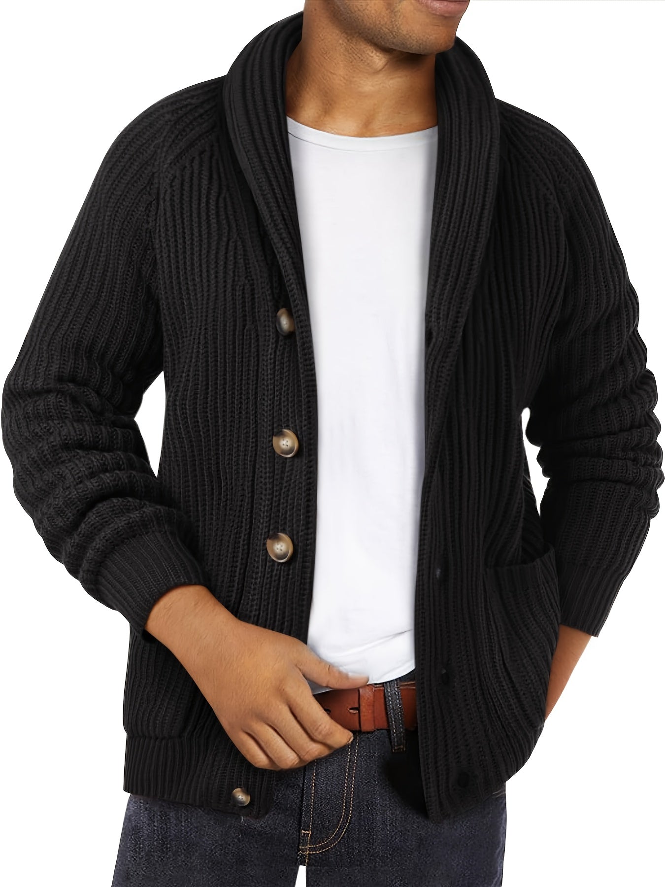 Men's Shawl Collar Cardigan Cable Knit Ribbed Outwear