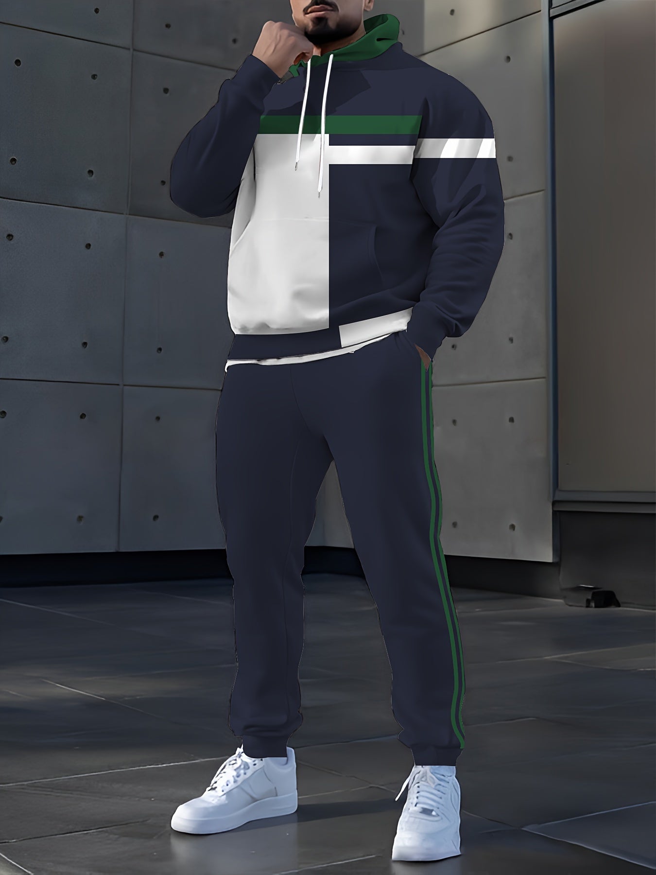 Mens Striped Digital Print Hooded Tracksuit Set For Spring