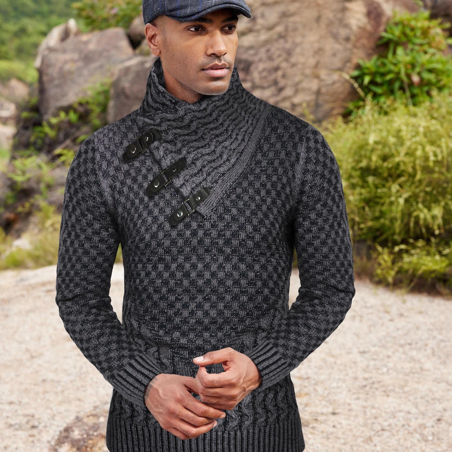 ELESOL Mens Knitted Turtleneck Sweater Slim Fit Pullover
