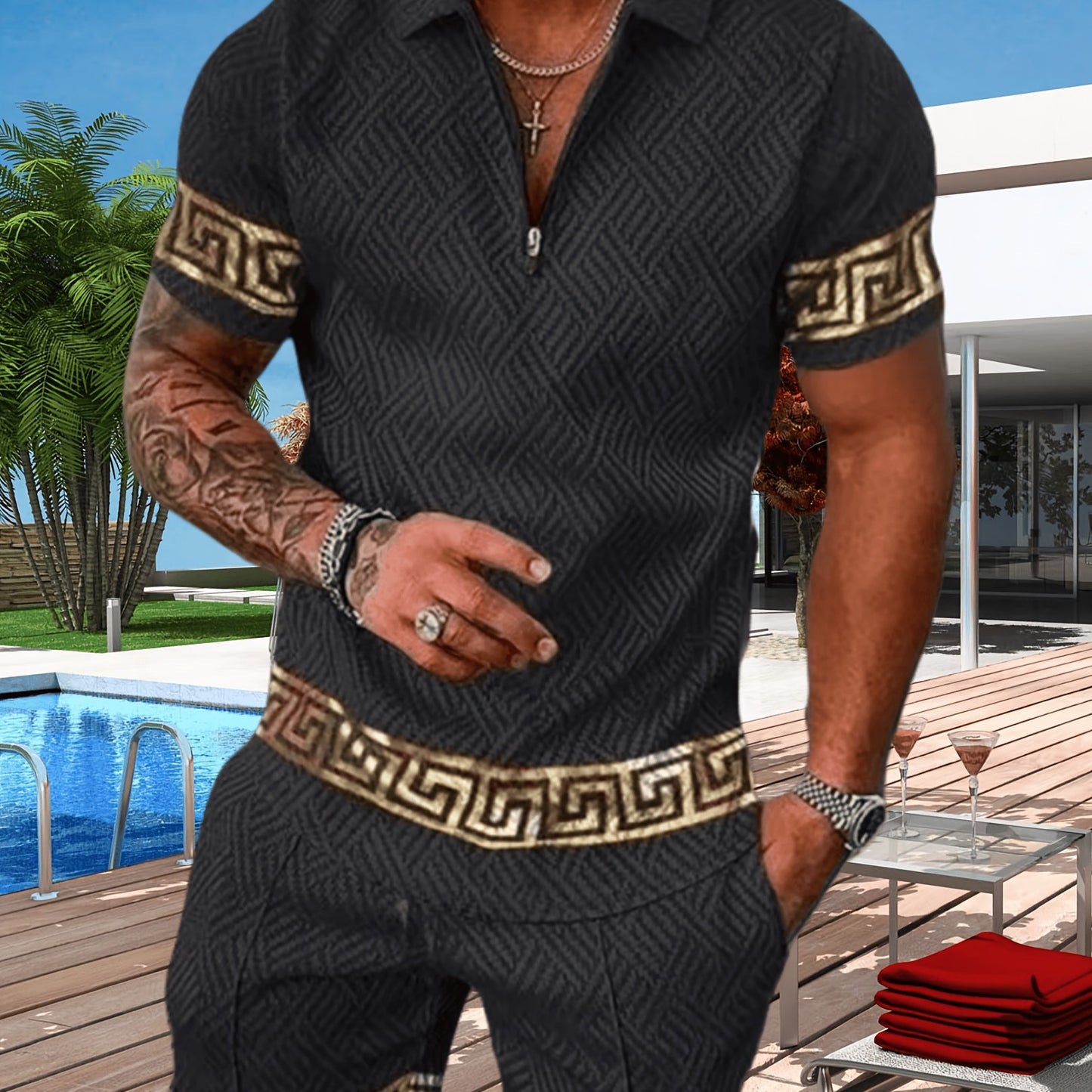 Geometric Pattern Men Two Piece Set For Daily Casual Wear