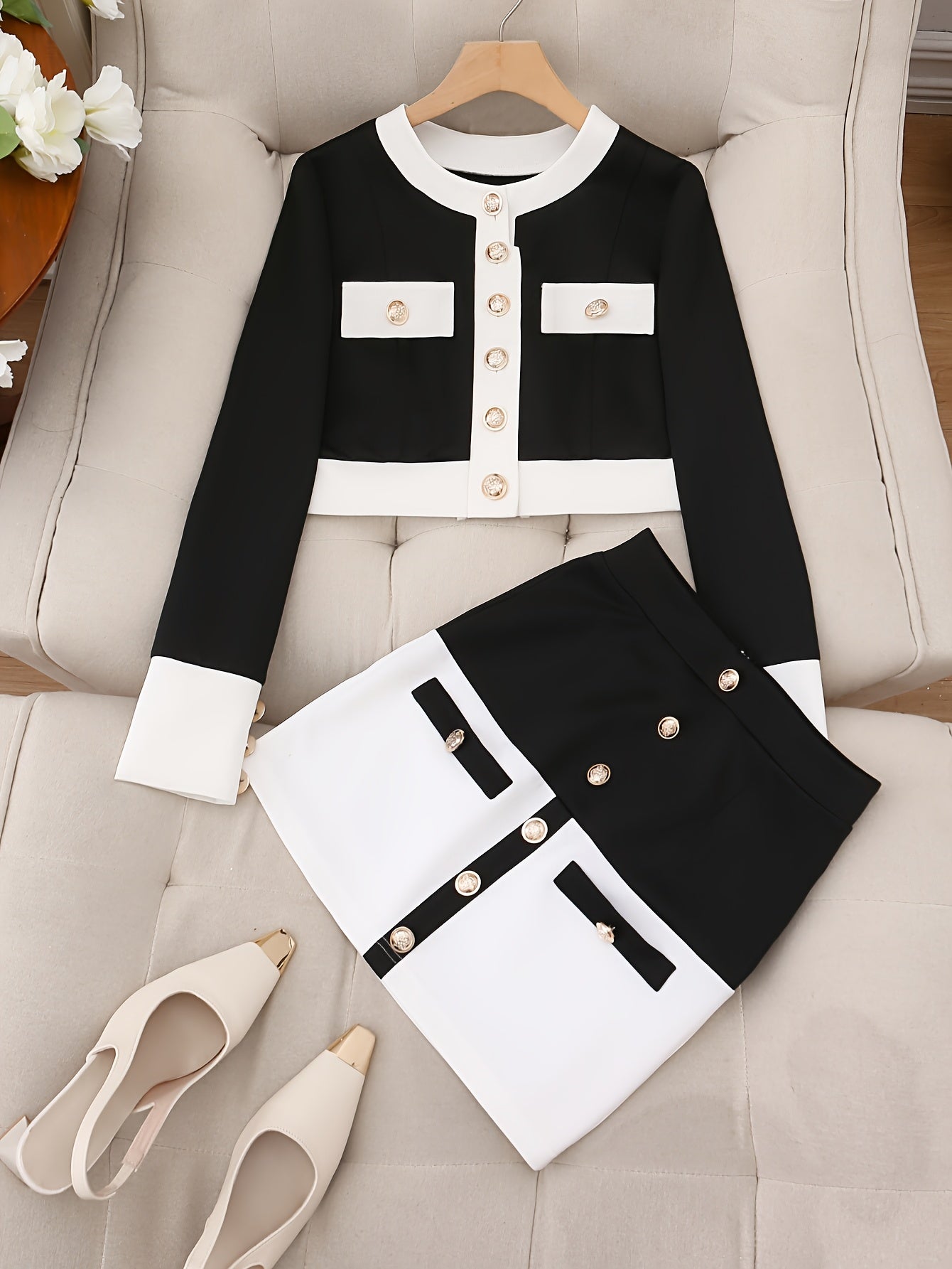 Elegant Two Piece Set Jacket and Skirt With Button Placket