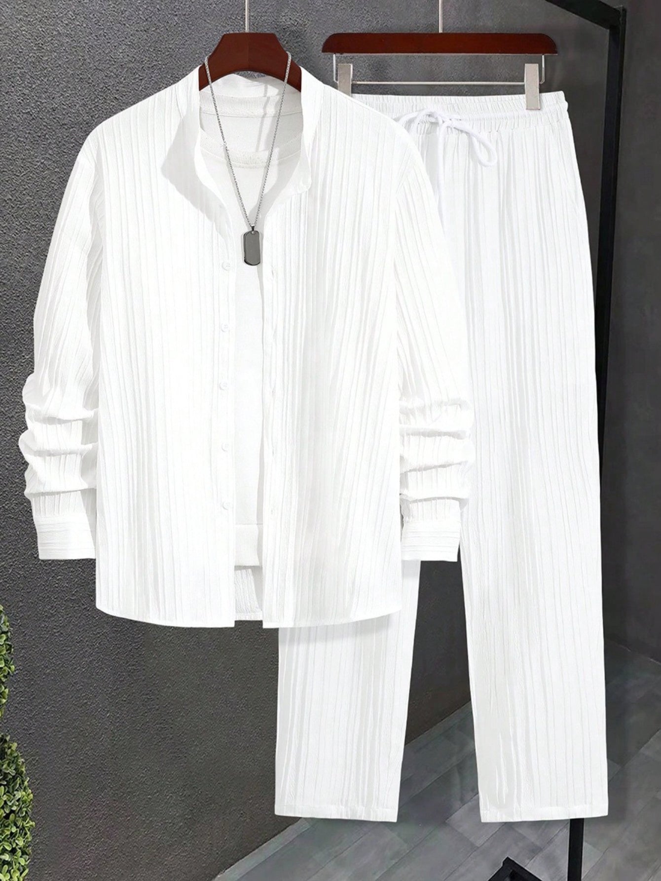 Men Autumn Winter Slim Fit Suit With Striped Lapel Shirt
