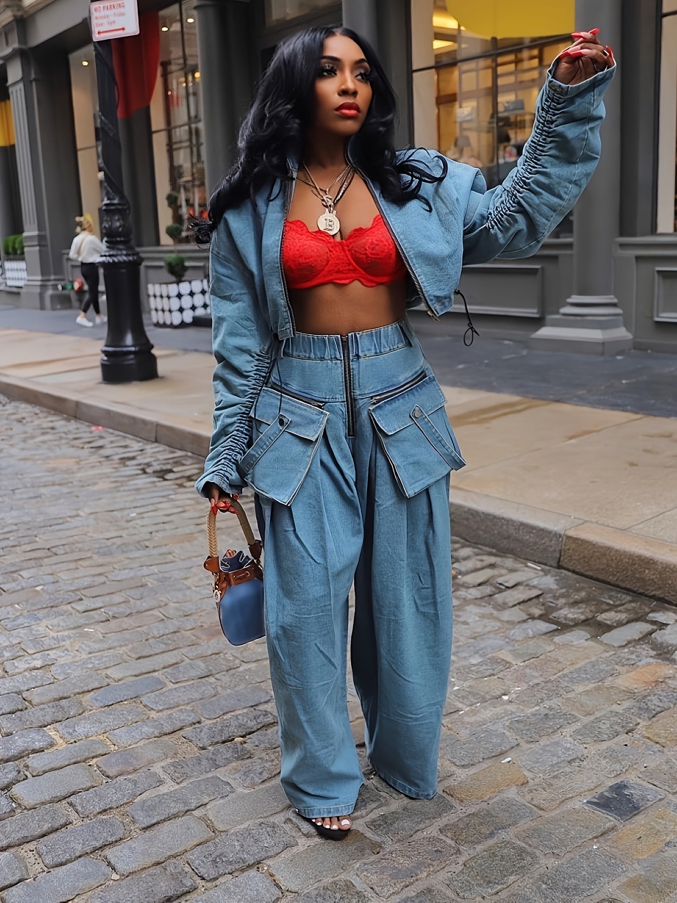 Denim 2-Piece Zip-Up Long Sleeve Crop Top Wide-Leg Pants