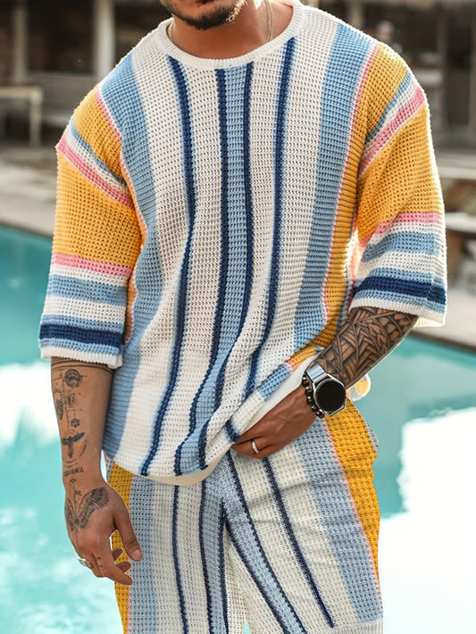 Mens Casual Knit Set Polyester V Neck Button Regular Fit