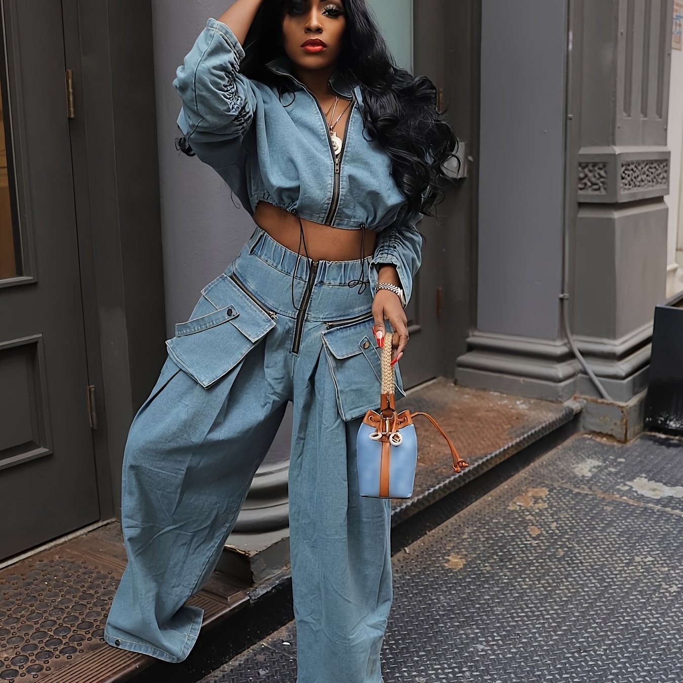 Denim 2-Piece Zip-Up Long Sleeve Crop Top Wide-Leg Pants