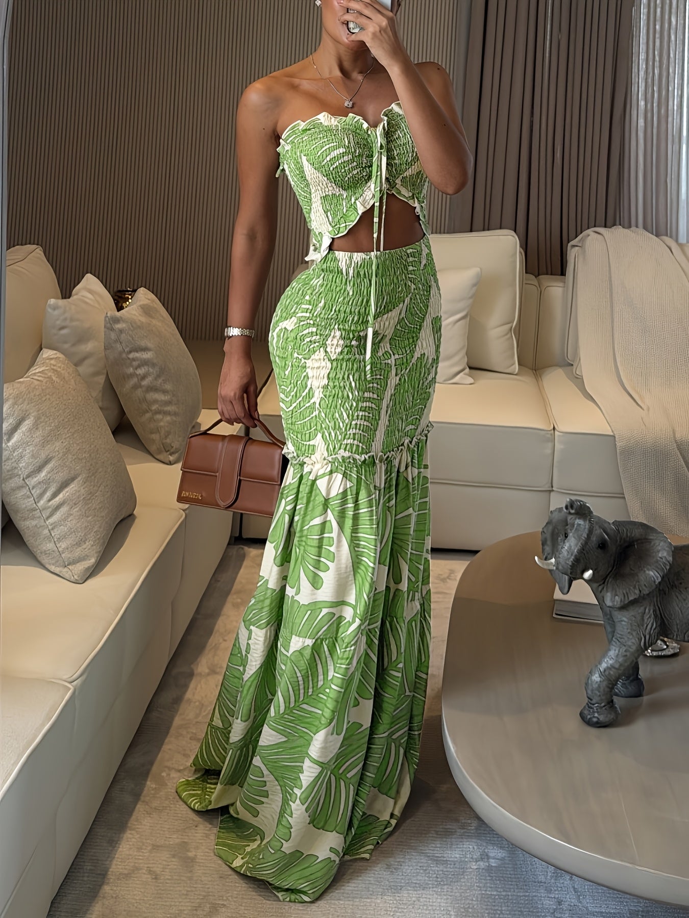 Tropical Print Bandeau Dress With Ruched Shirred Frill Hem