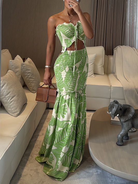 Tropical Print Bandeau Dress With Ruched Shirred Frill Hem