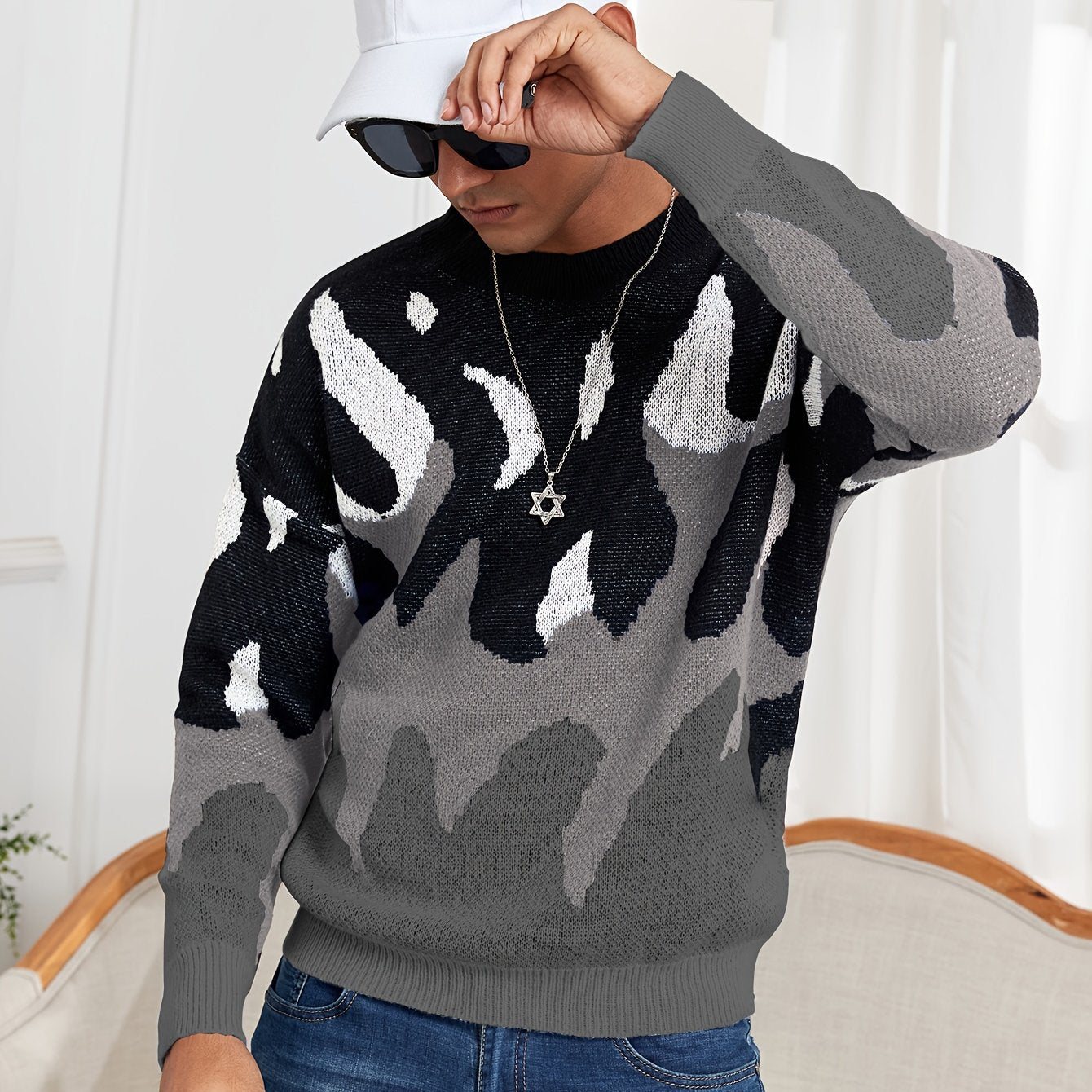 Oversized Crewneck Sweater Flame Graphic Knit For Men Women