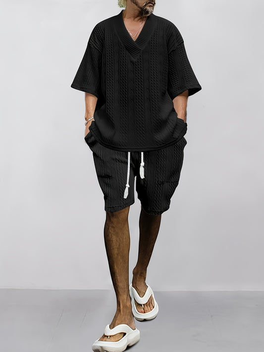 Mens Casual V Neck Knit Sweater And Shorts Set For Summer