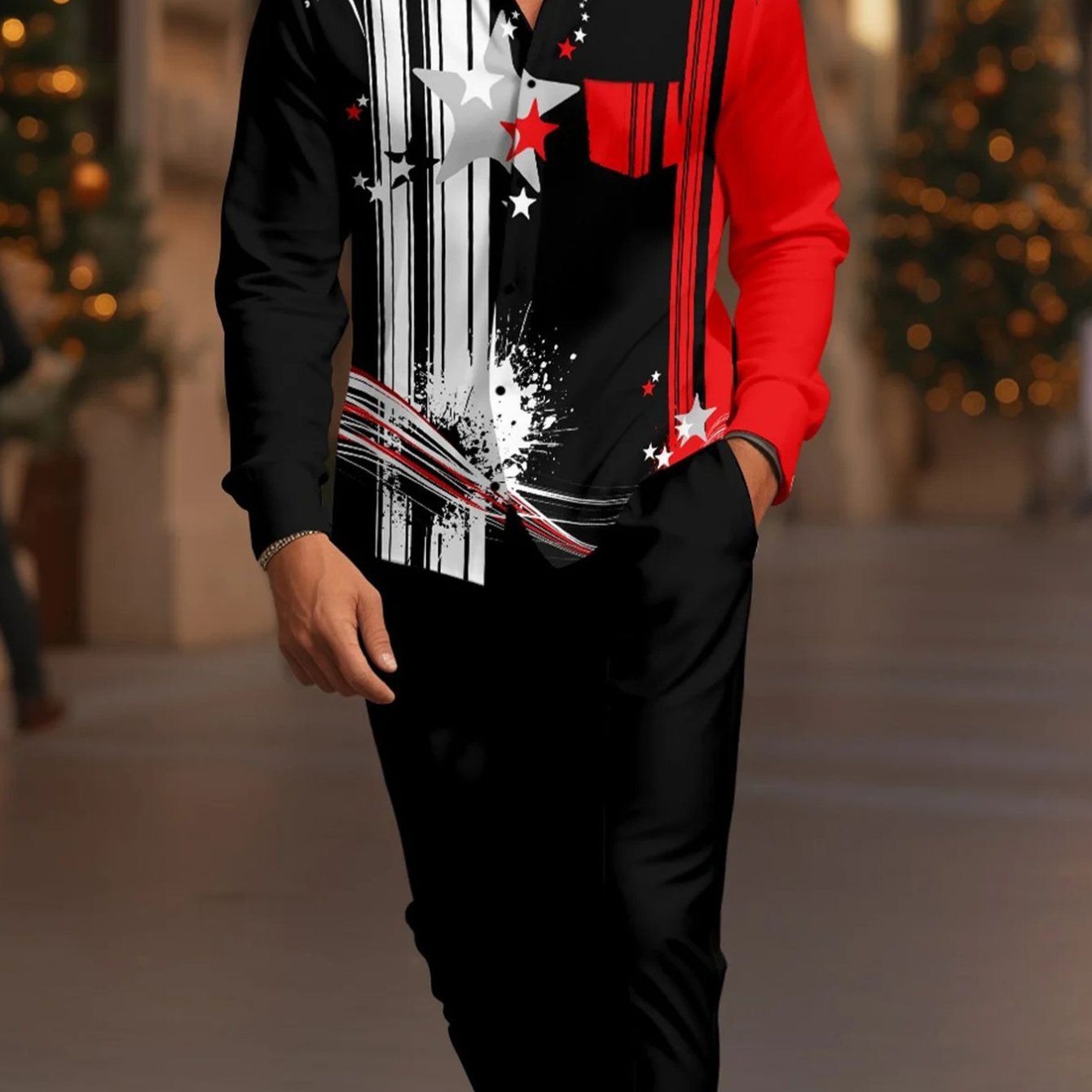 Men's Colorblock TwoPiece Set With Collared Shirt And Pants