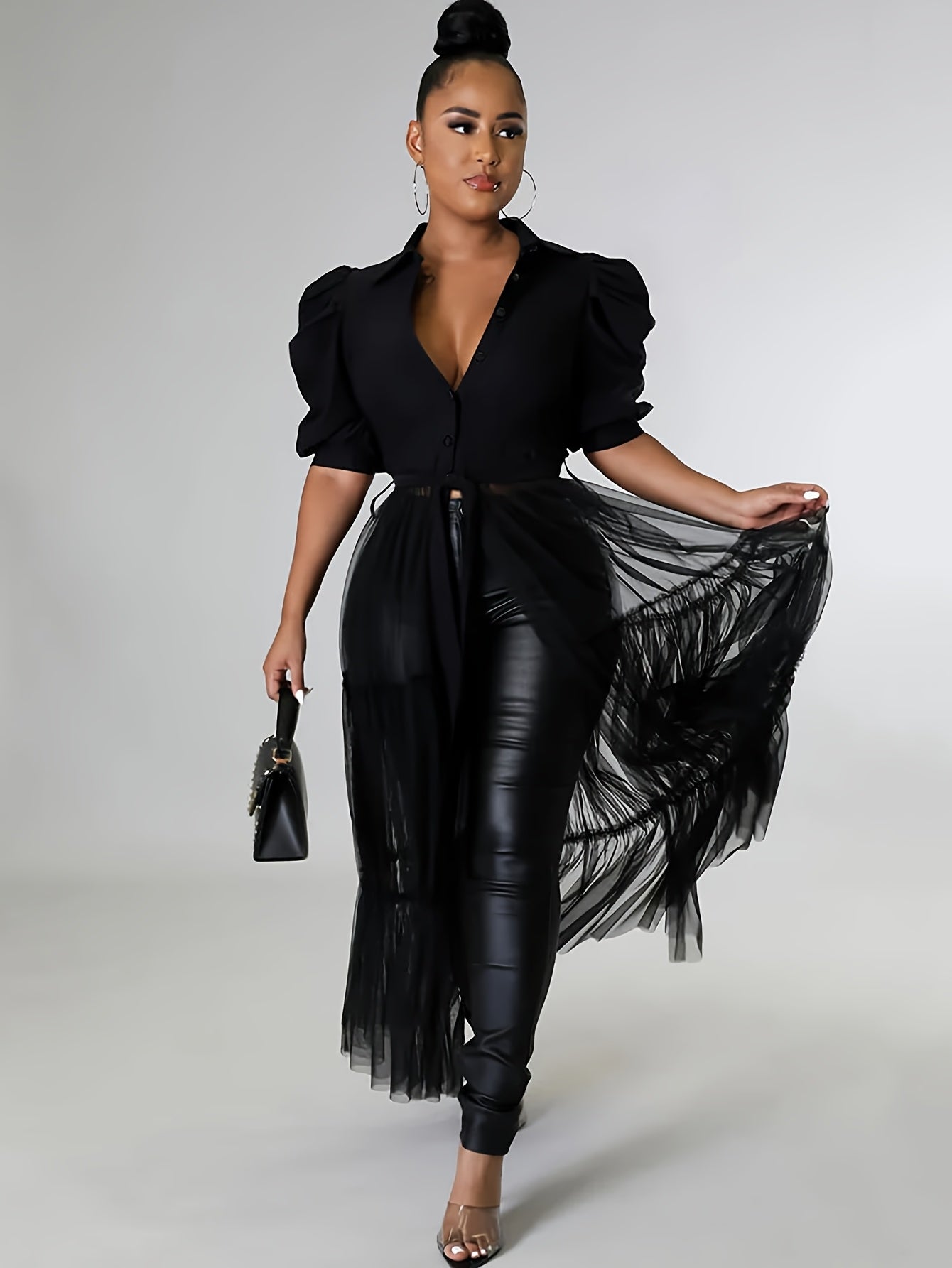 Lapel Collar Fit And Flare Dress Women Short Sleeve Spandex