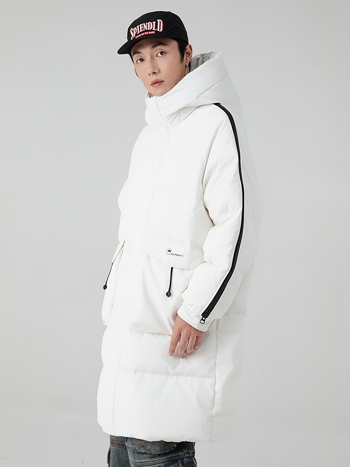 Mens Long Hooded Winter Coat Parka With Zippered Stripes
