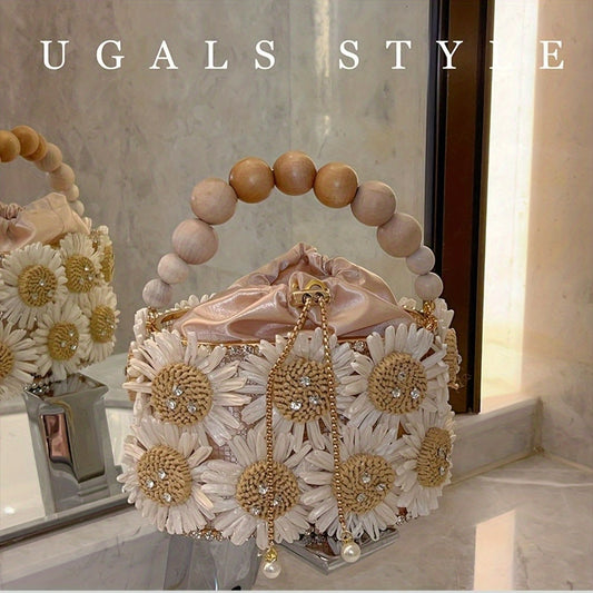 Elegant Beaded Floral Bucket Bag Crossbody For Weddings