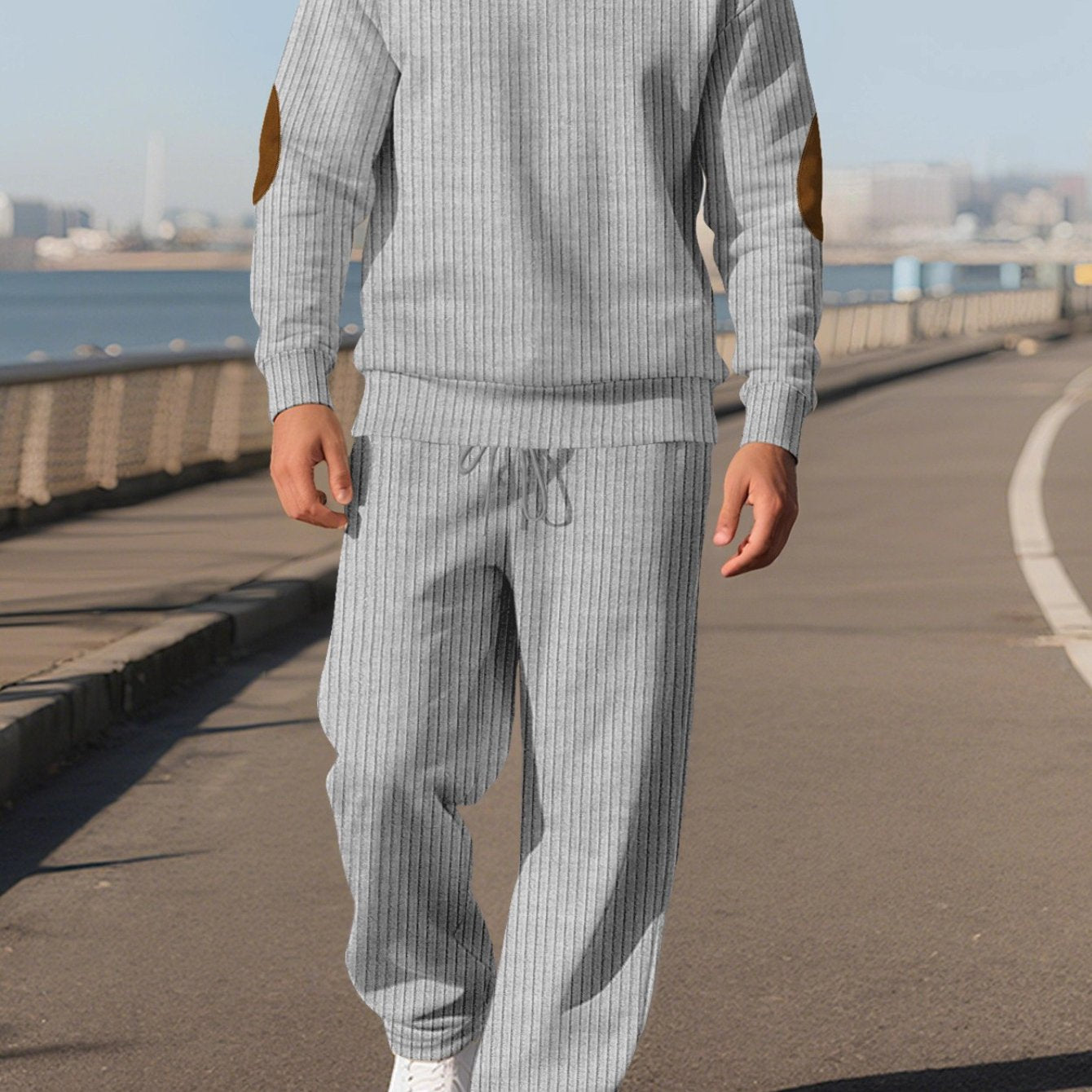 Men's Two Piece Casual Suit Stand Collar Jacquard Knit Set
