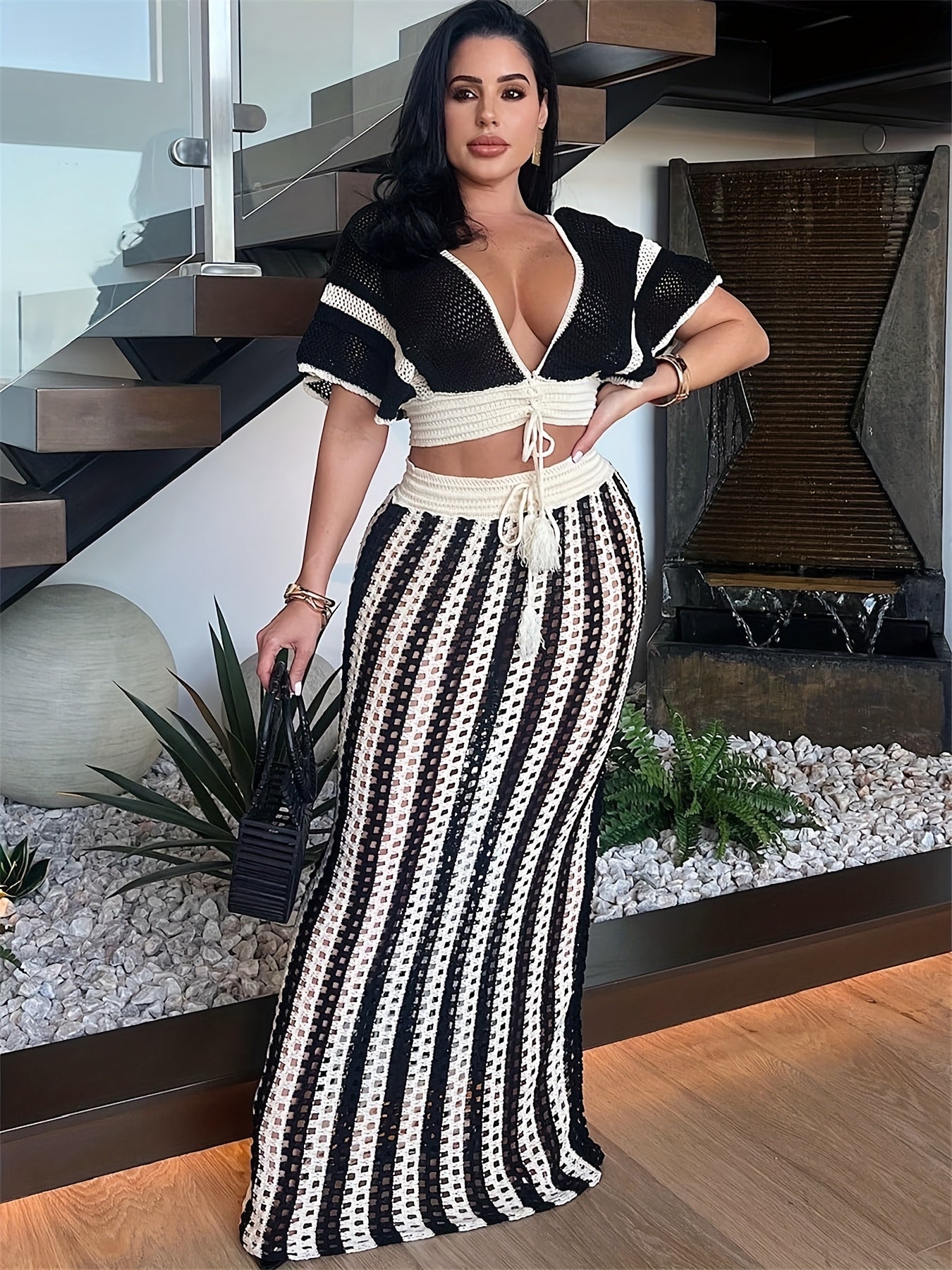 Womens Crochet Skirt Suit V Neck Top With Long Skirt