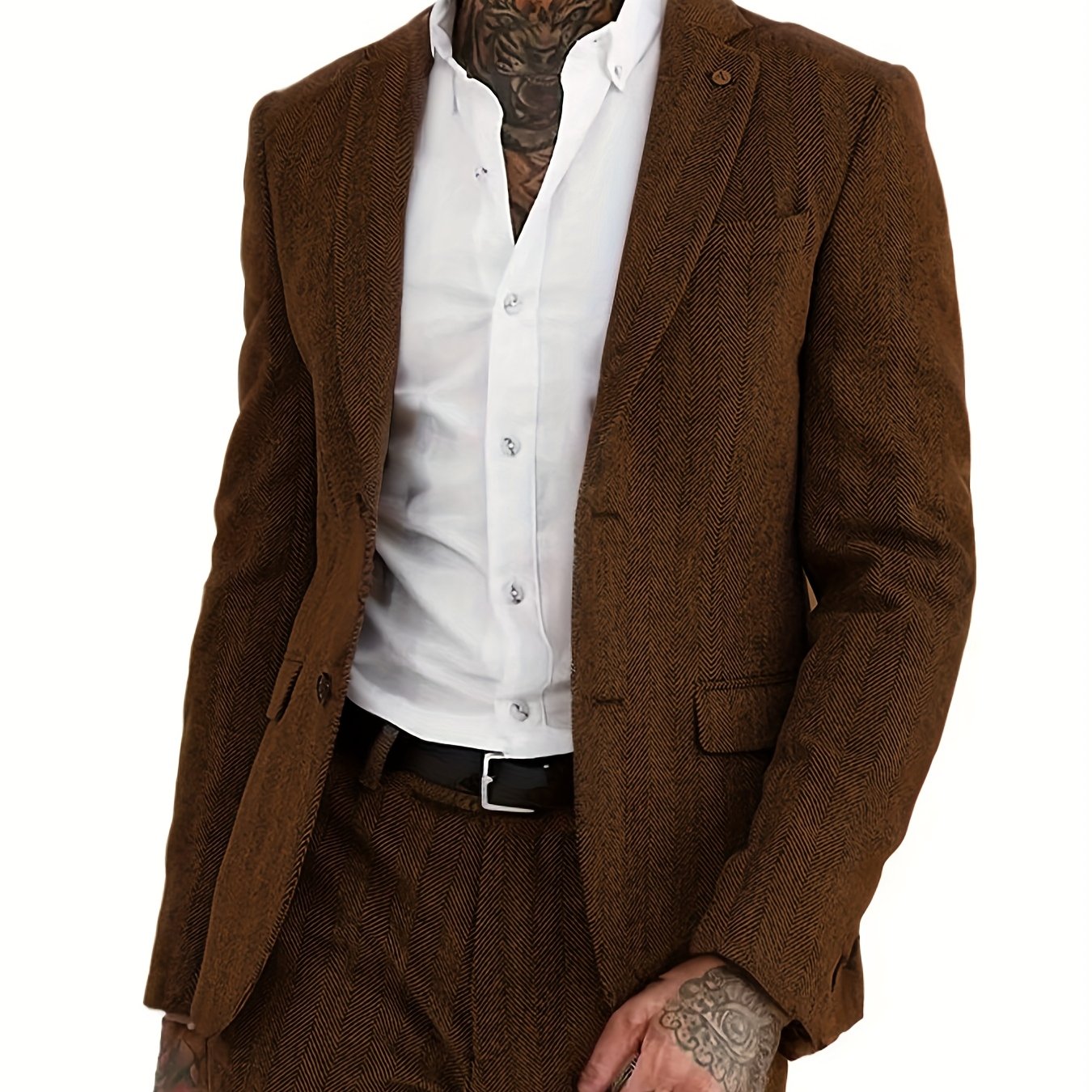 Men's Wool Blend Tweed Suit Herringbone Formal Wedding Event