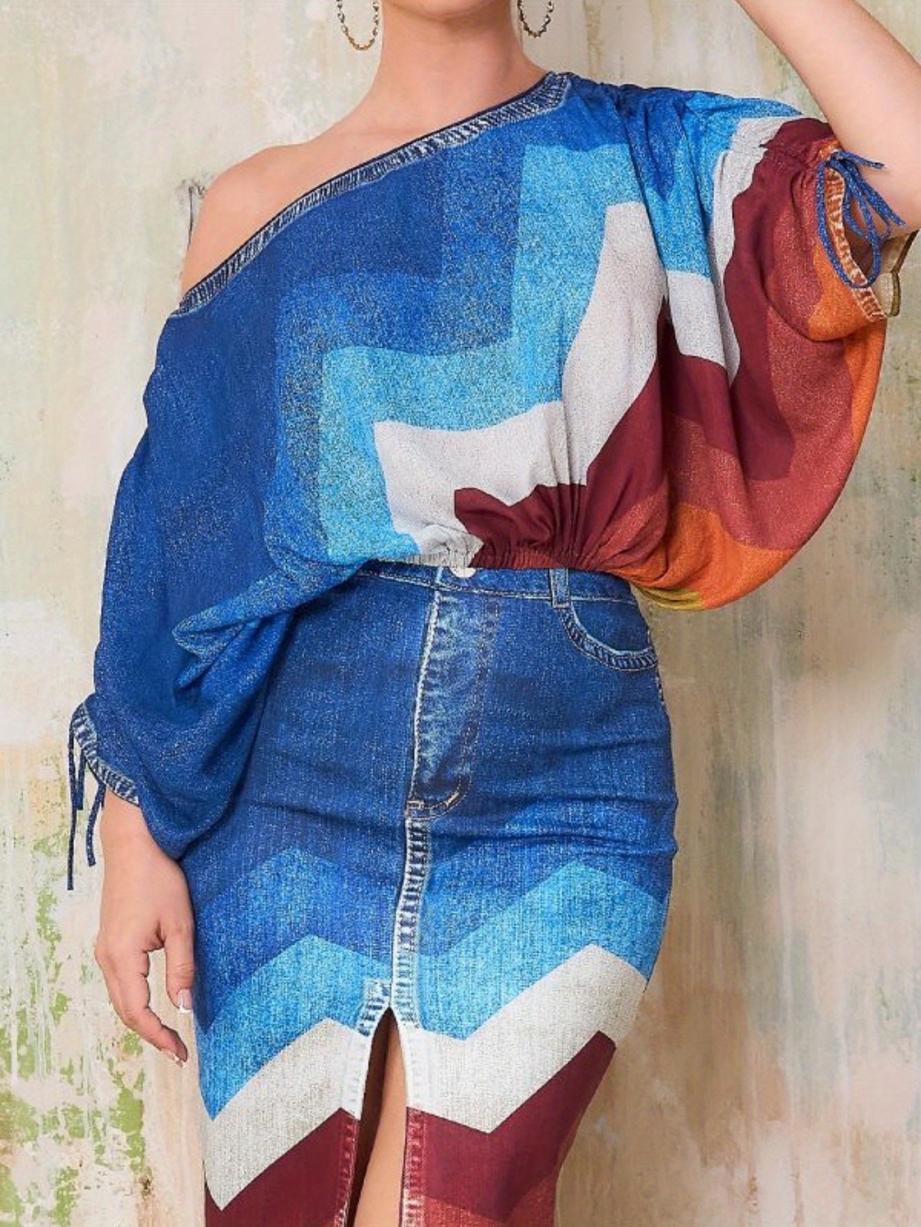 Denim Print Off Shoulder Top And Skirt Set Polyester