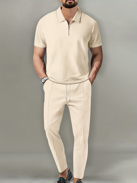 Mens Waffle Collar Short Sleeve Zipper Top Pants Set