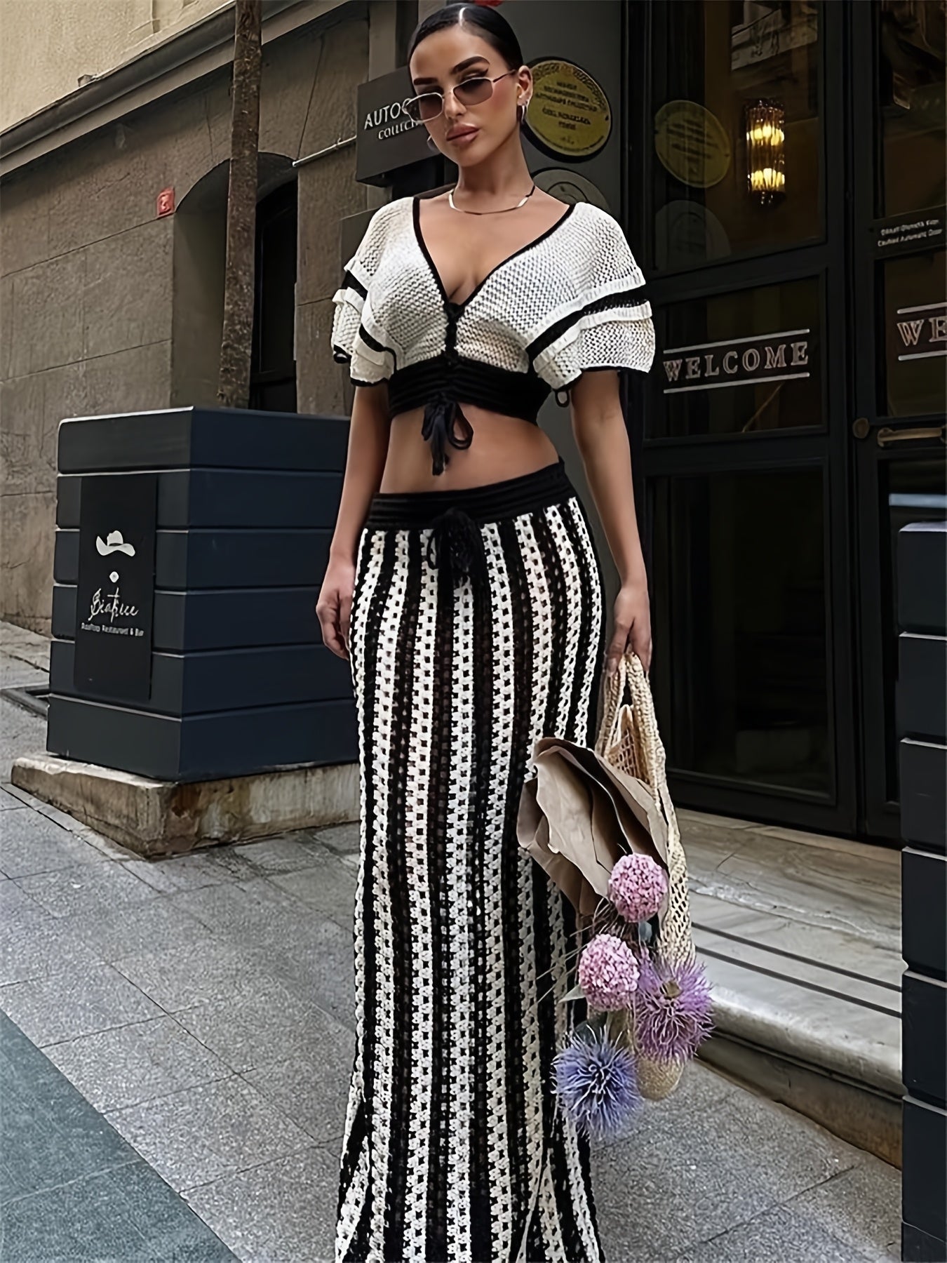 Womens Crochet Skirt Suit V Neck Top With Long Skirt