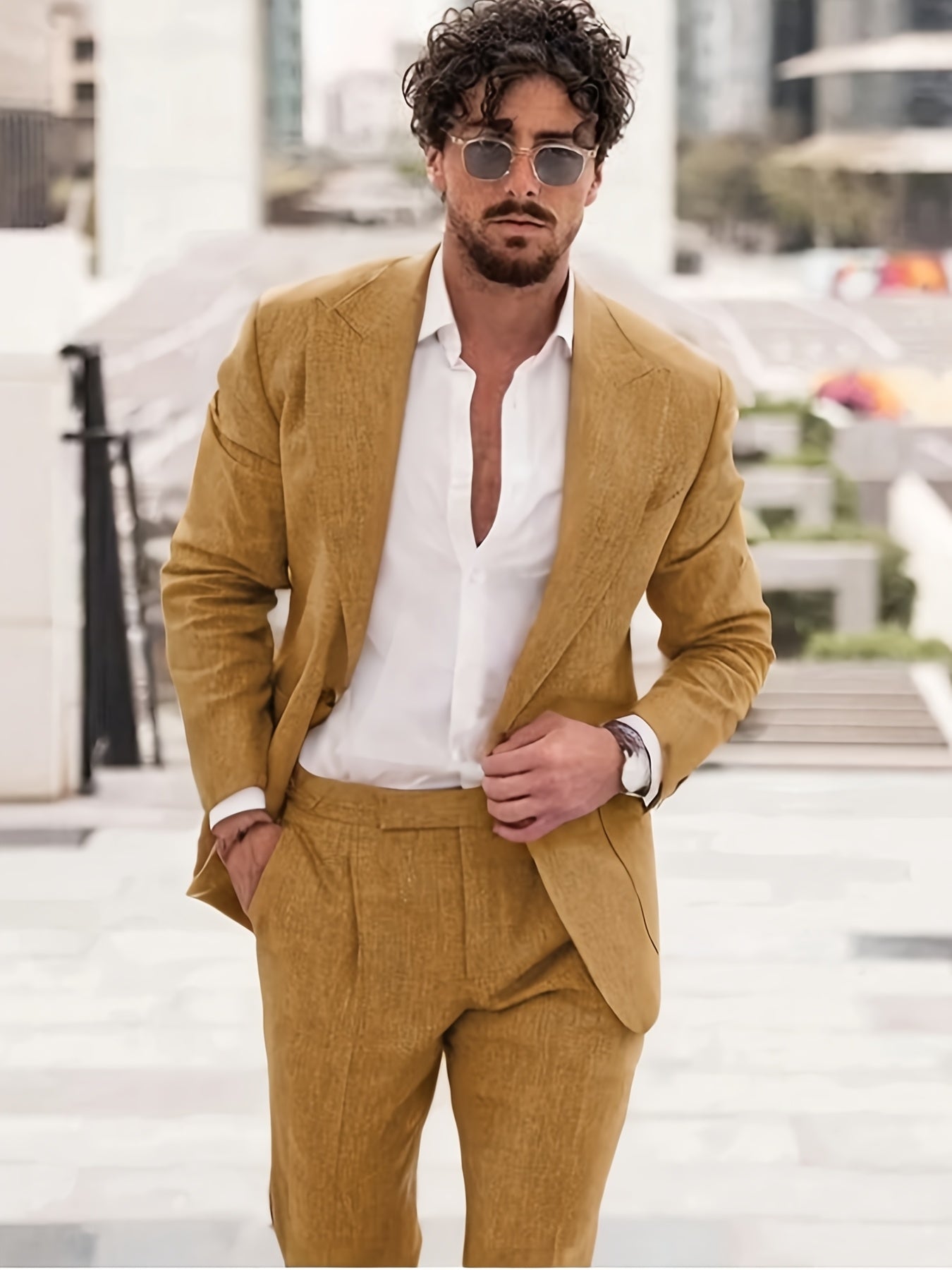 Naples Cotton Linen Men Suit Two Piece Slim Fit Tuxedo Set