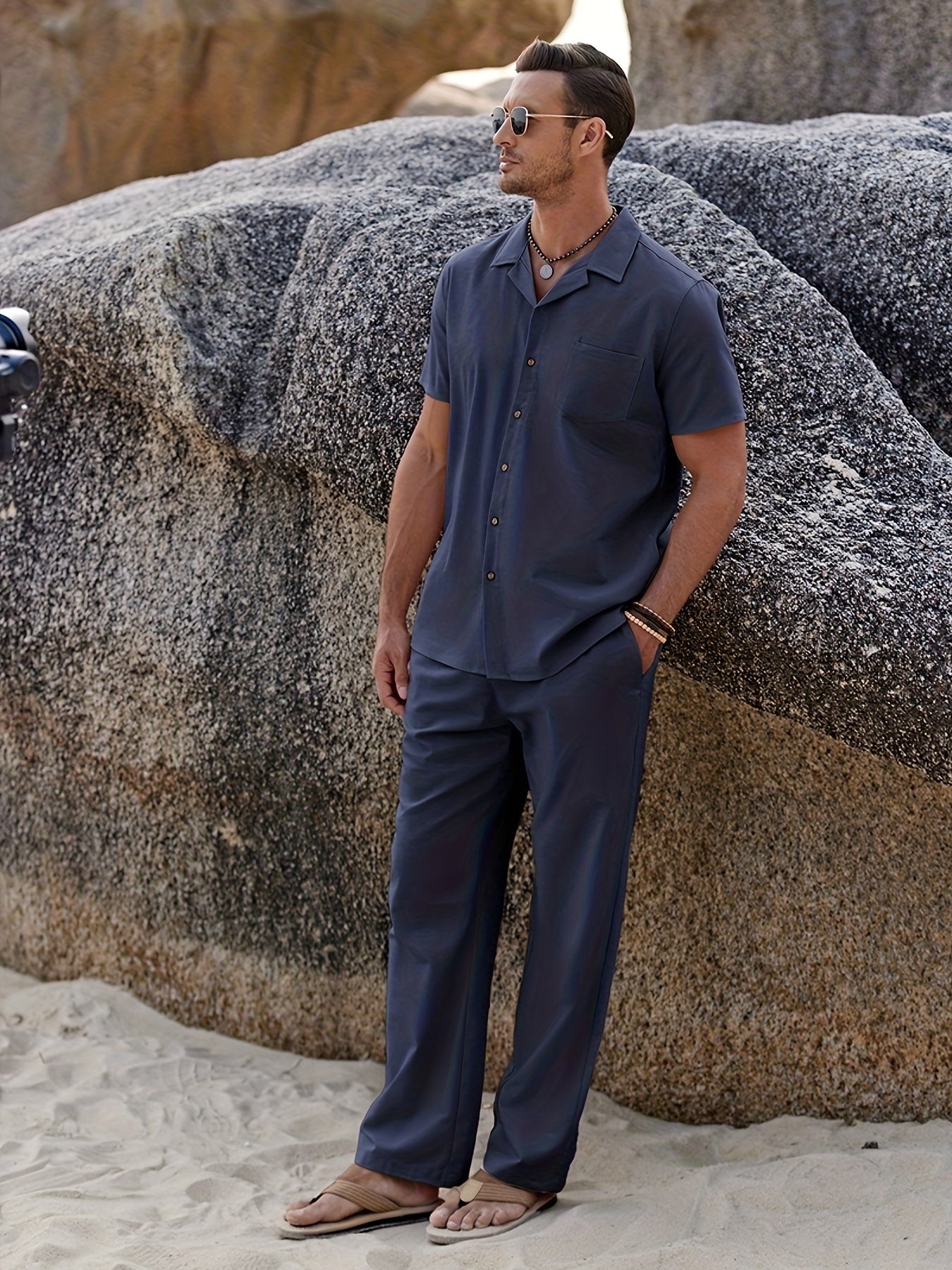 Men Linen Beach Button Shirt And Linen Pants Set Casual 2pc