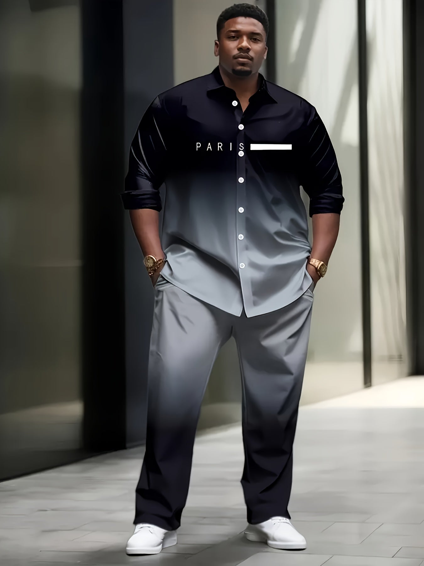 Men's 2pc Tracksuit Set Gradient Long Sleeve Shirt Pants