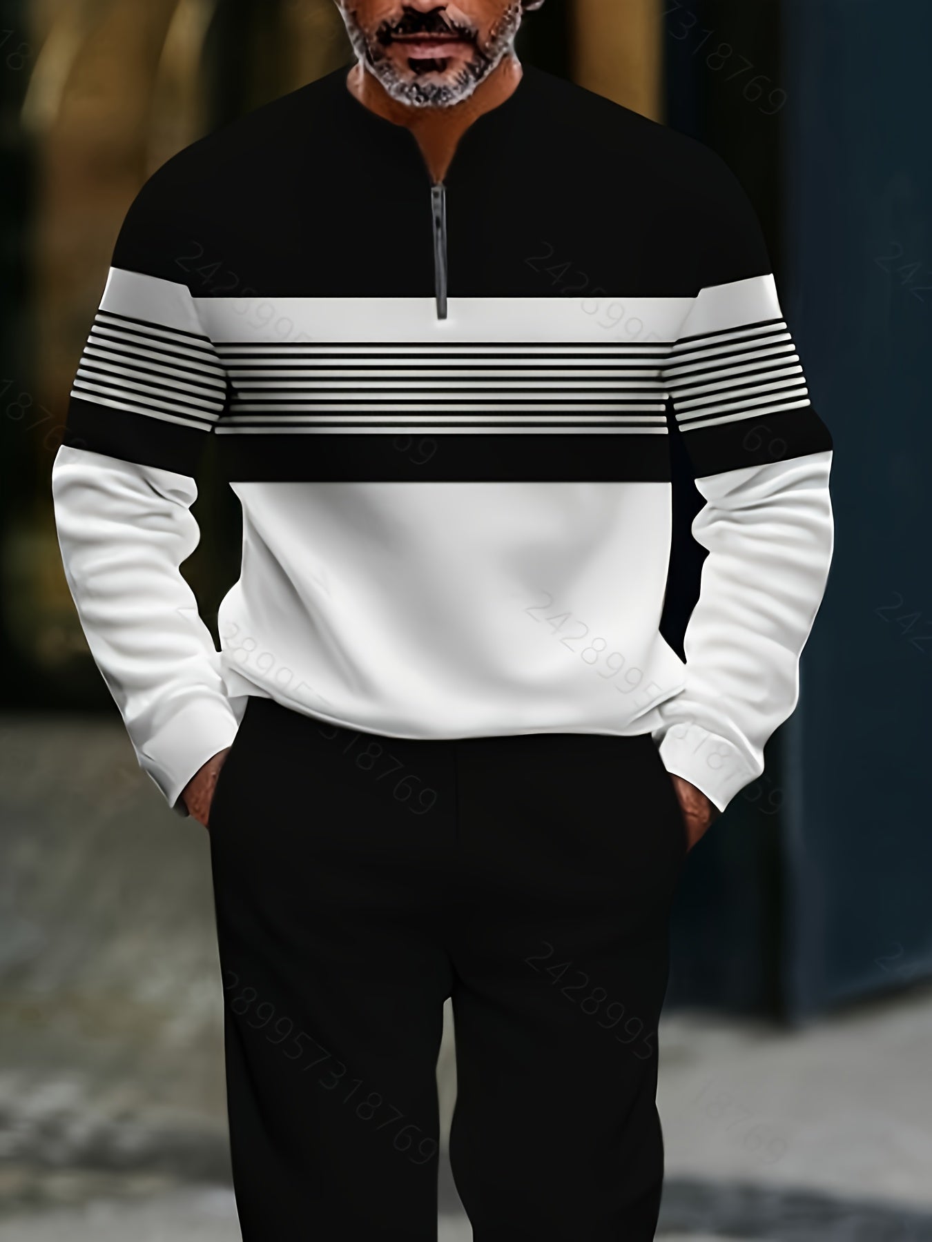 Mens Casual Striped Two Piece Set With Zip Front Jacket