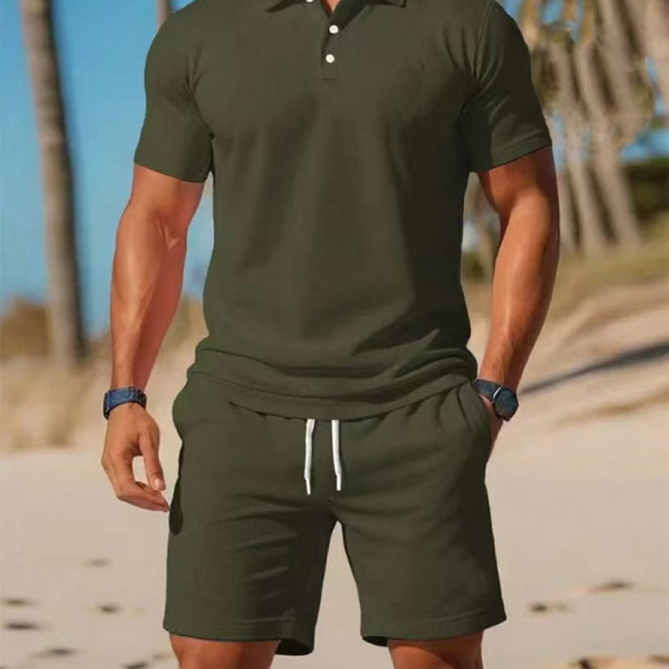 Mens Summer Casual 2pc Short Sleeve Shirt And Shorts Set