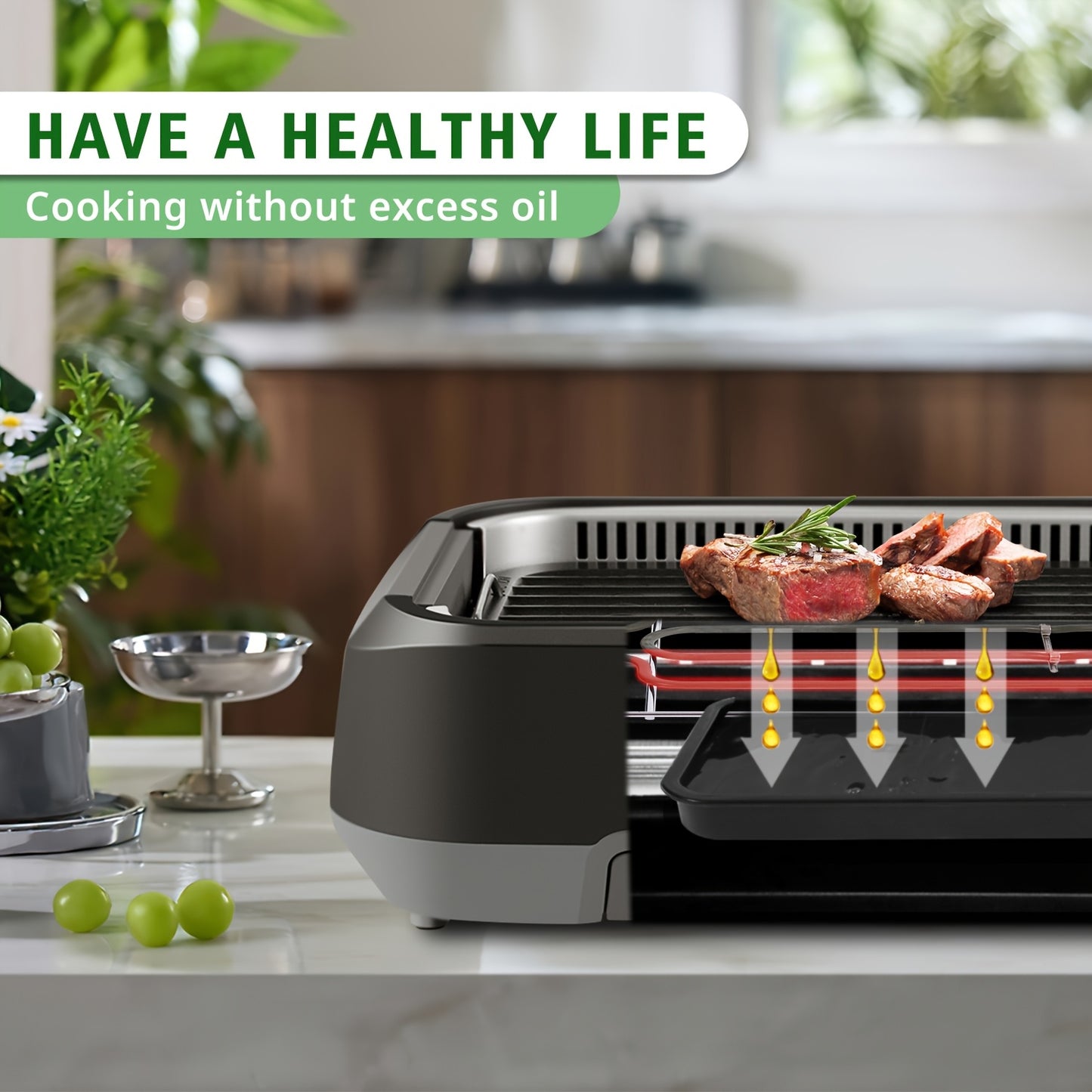 Smokeless Indoor Grill 1500W With LED Display Glass Lid