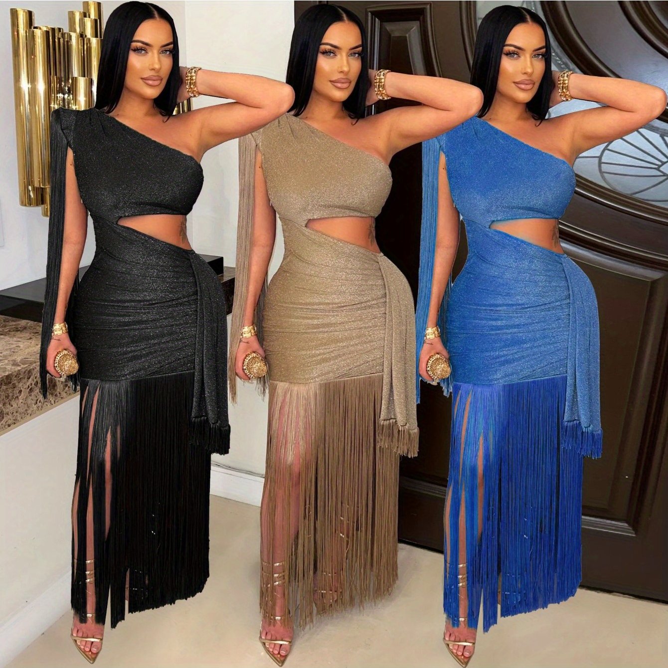European American Style Asymmetrical Tassel Evening Dress