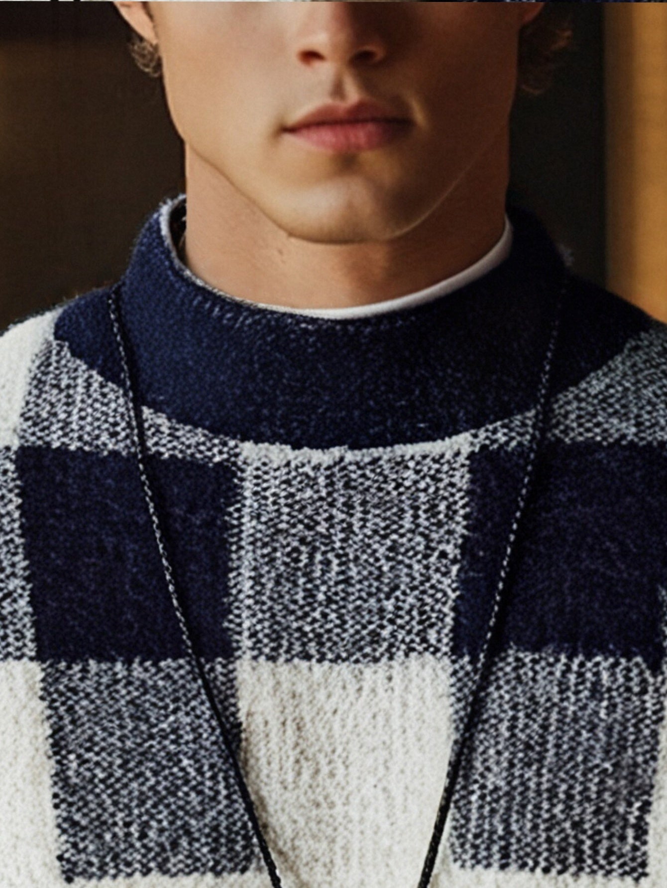 Men's Slim Fit Winter Plaid Sweater Warm Knit Round Neck