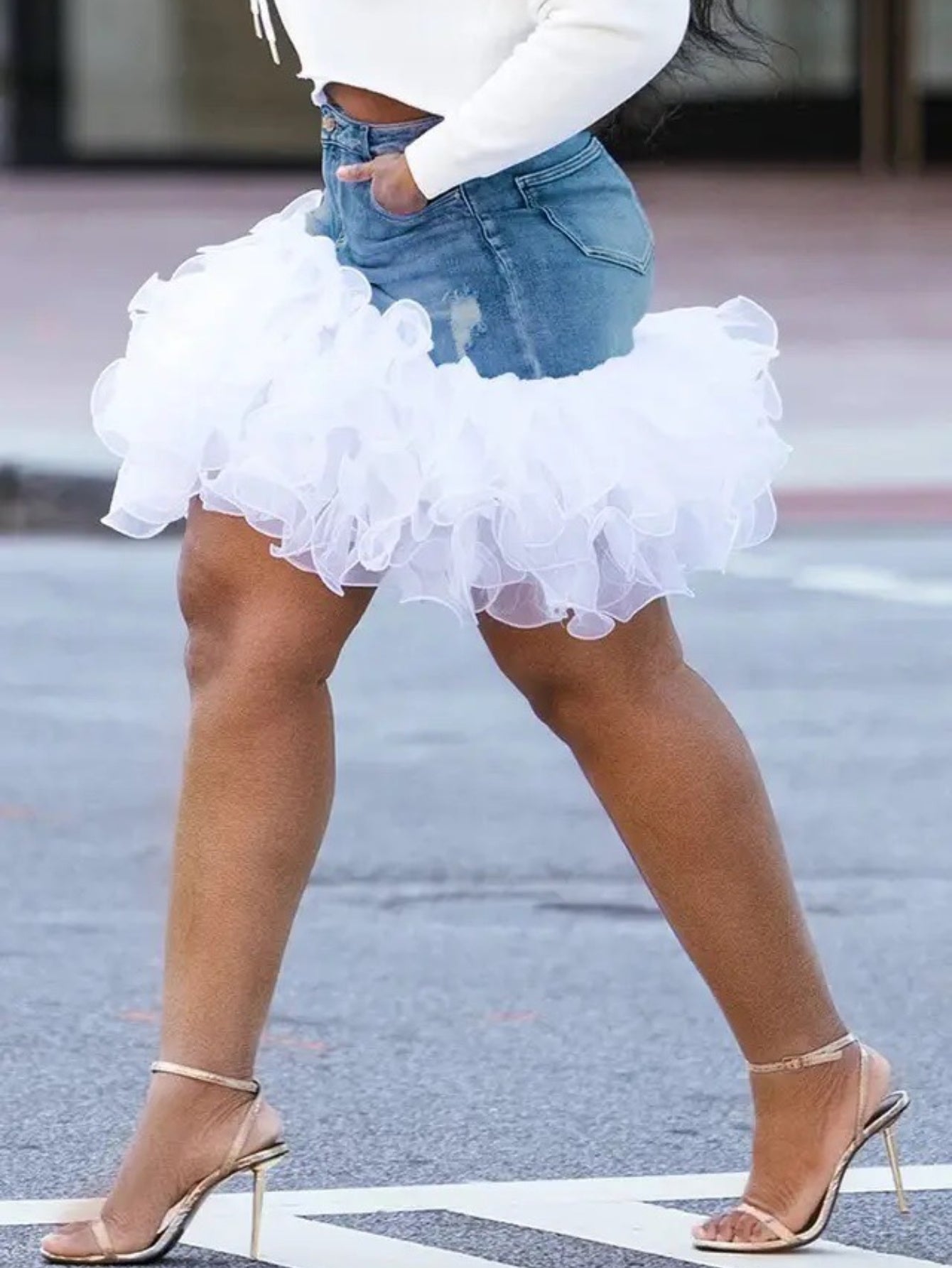 Denim And Tulle Wrap Skirt For Women Machine Washable