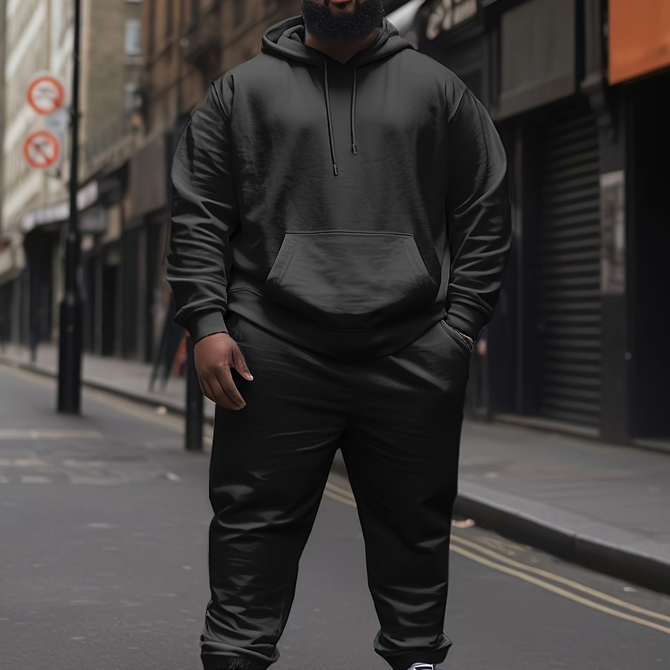 Plus Size Men's Hooded Fleece-Lined Sweatshirt Casual Set