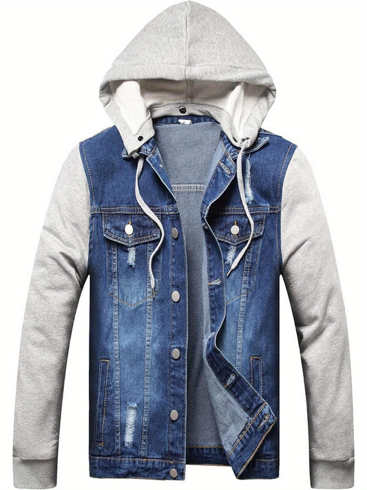 Mens Hooded Denim Style Jacket With Button Front Closure