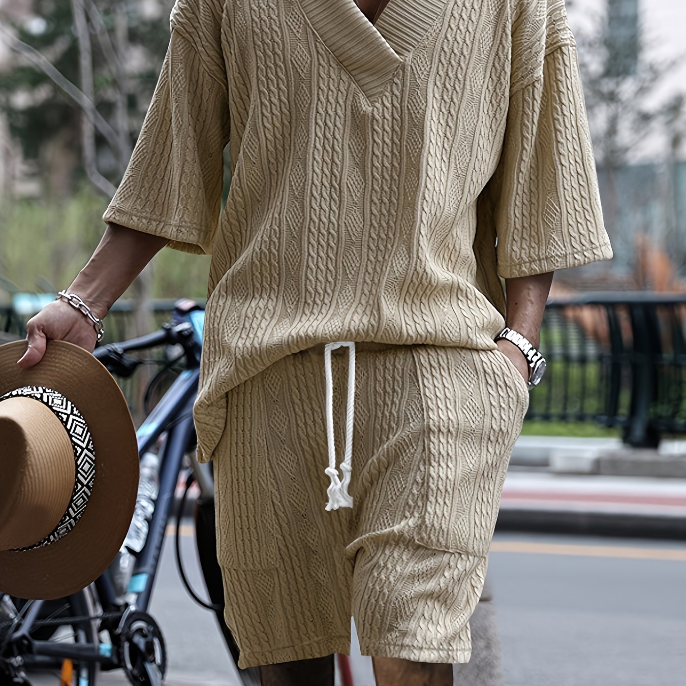 Mens Casual V Neck Knit Sweater And Shorts Set For Summer